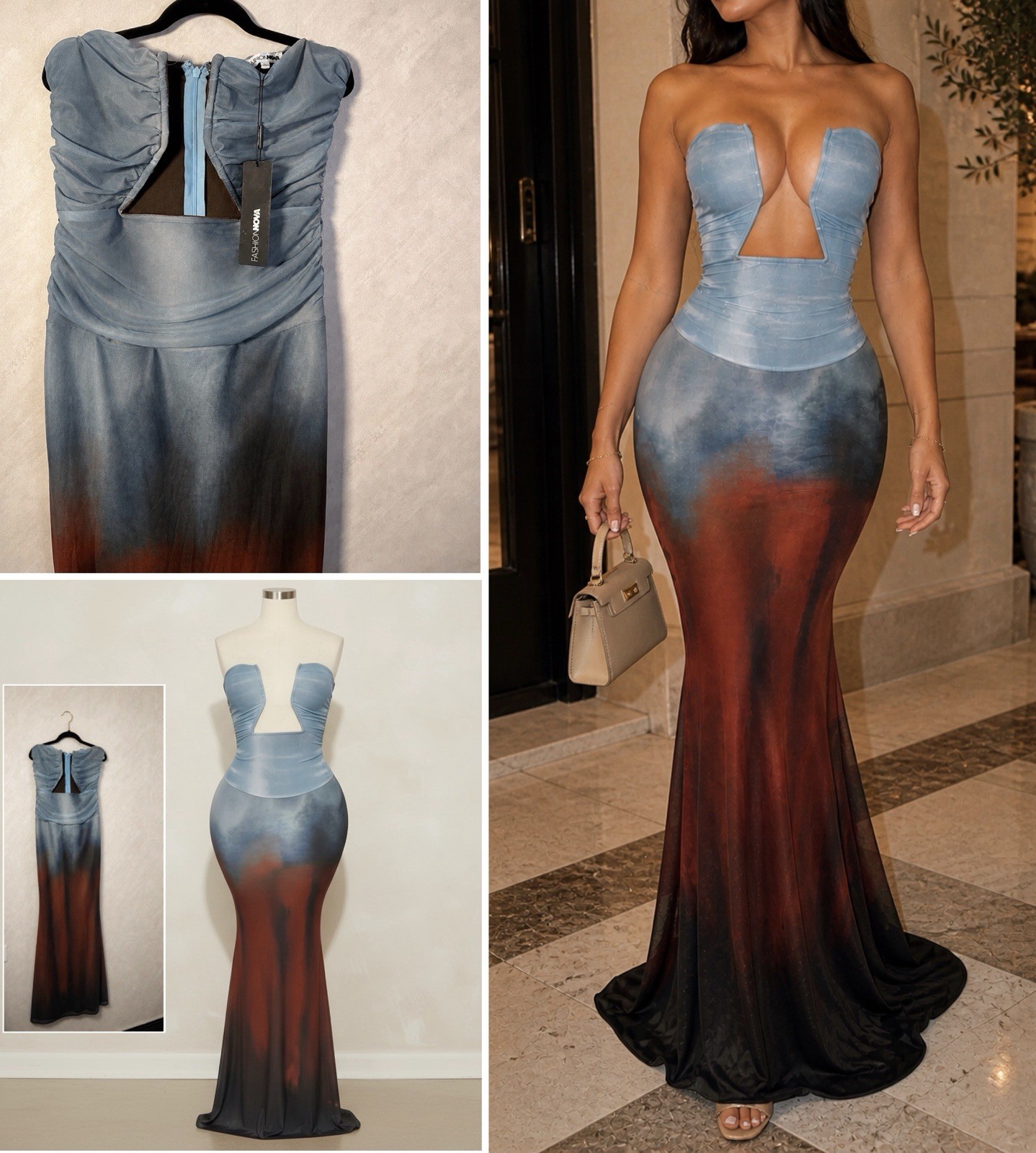 Women’s Strapless Mermaid Maxi Dress Soft Blue Rust Ombre Plunge Evening Gown L