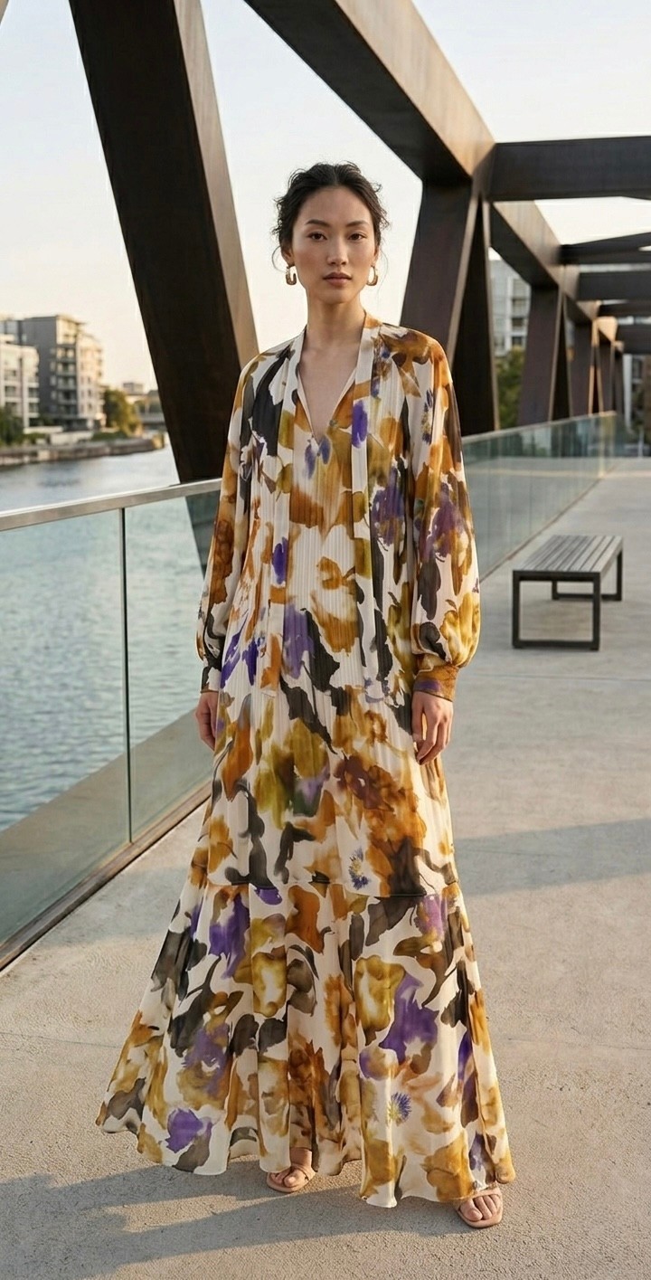 H&M HM Tie-Neck Detail LONG DRESS Light Beige Floral or Blue Patterned w/ BELT
