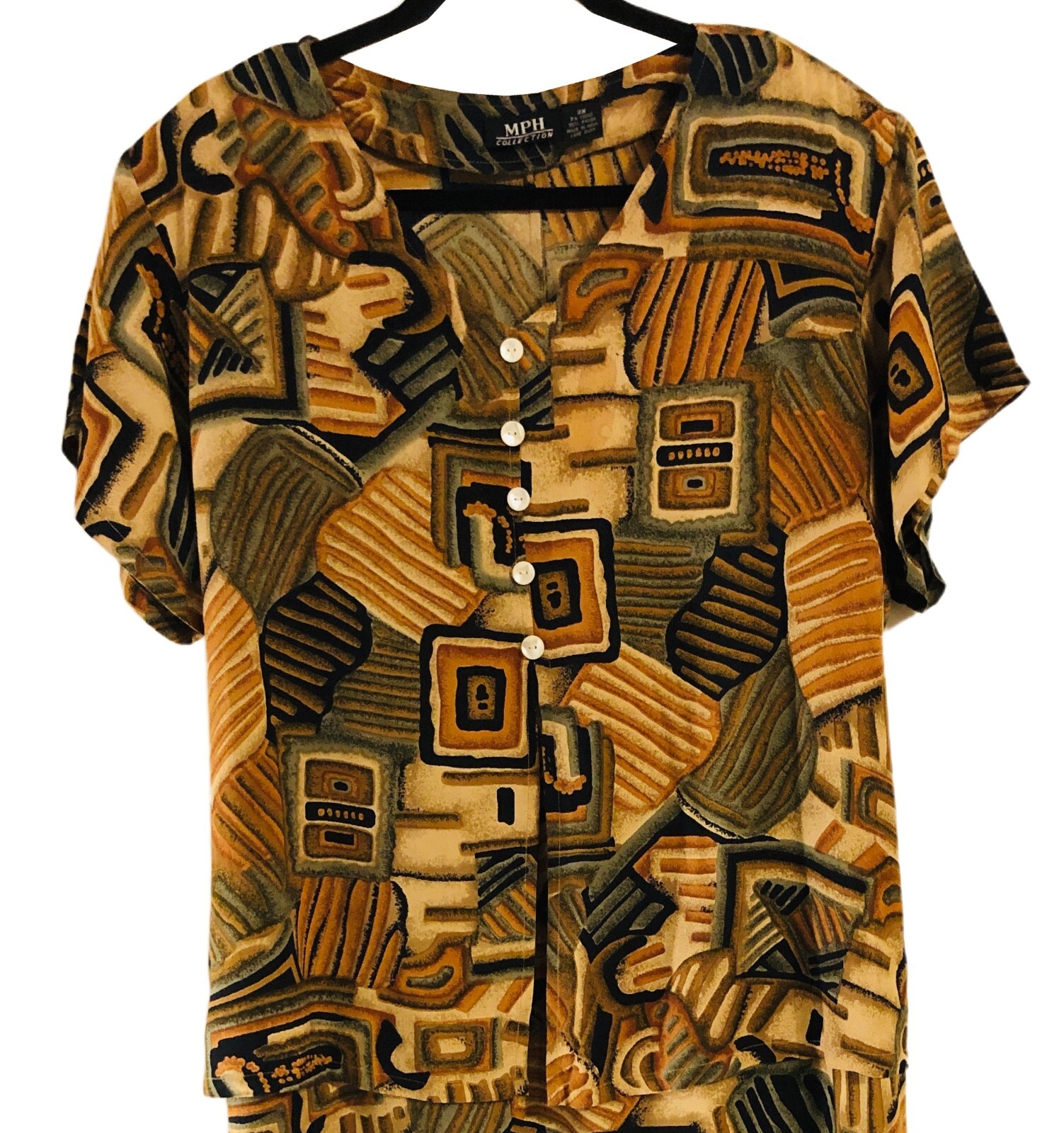 vtg 80s MPH Tribal Aztec Shift Maxi Dress Sz 2X Rayon Short Sleeve