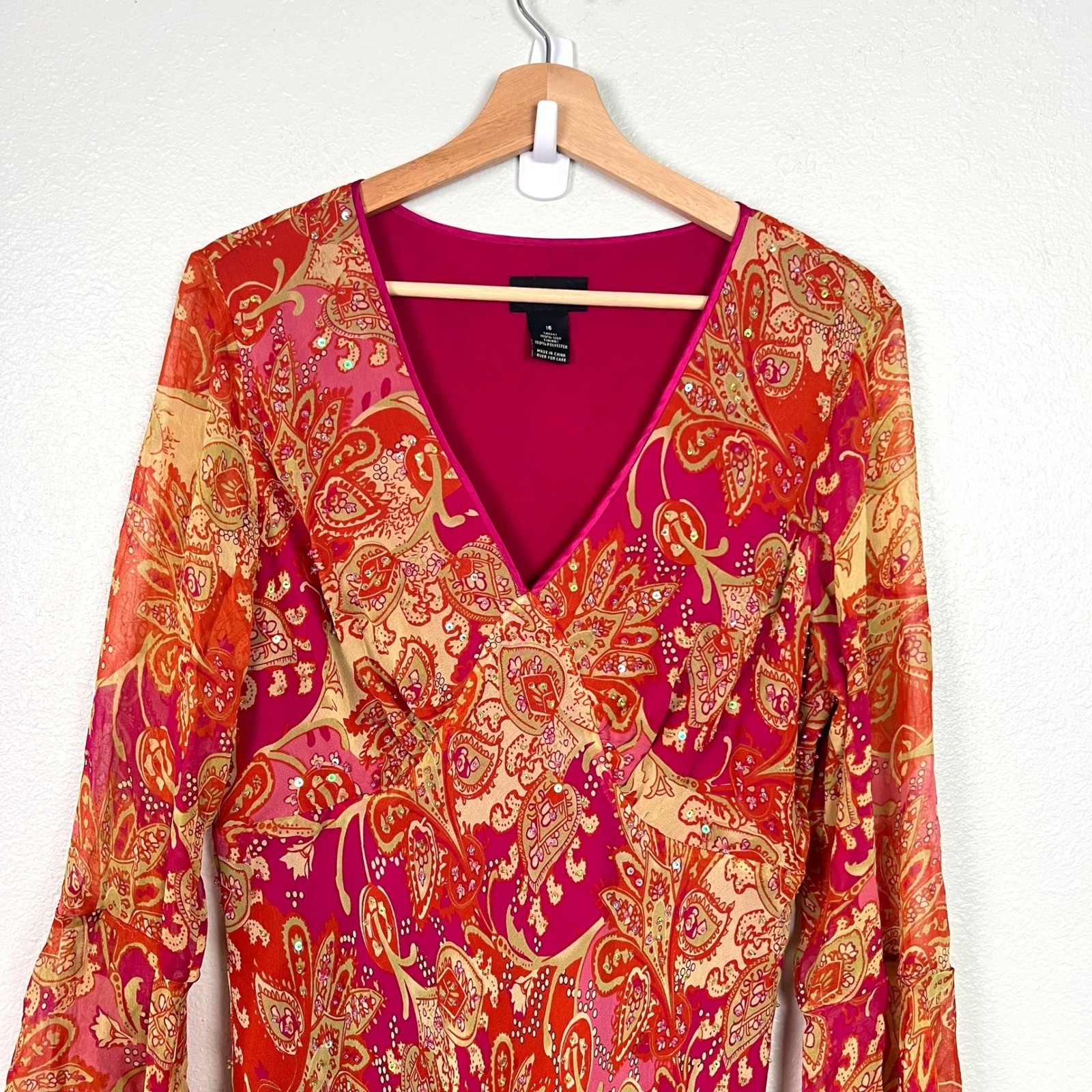 Lane Bryant Silk Paisley Sequin V-Neck Bell Sleeve Long Dress Size 16 Boho Fairy