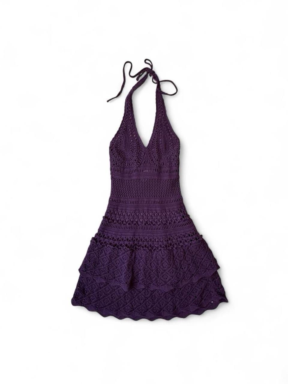 Vintage Y2K Eggplant Purple Crocheted Fairy Halter Dress Moda International S