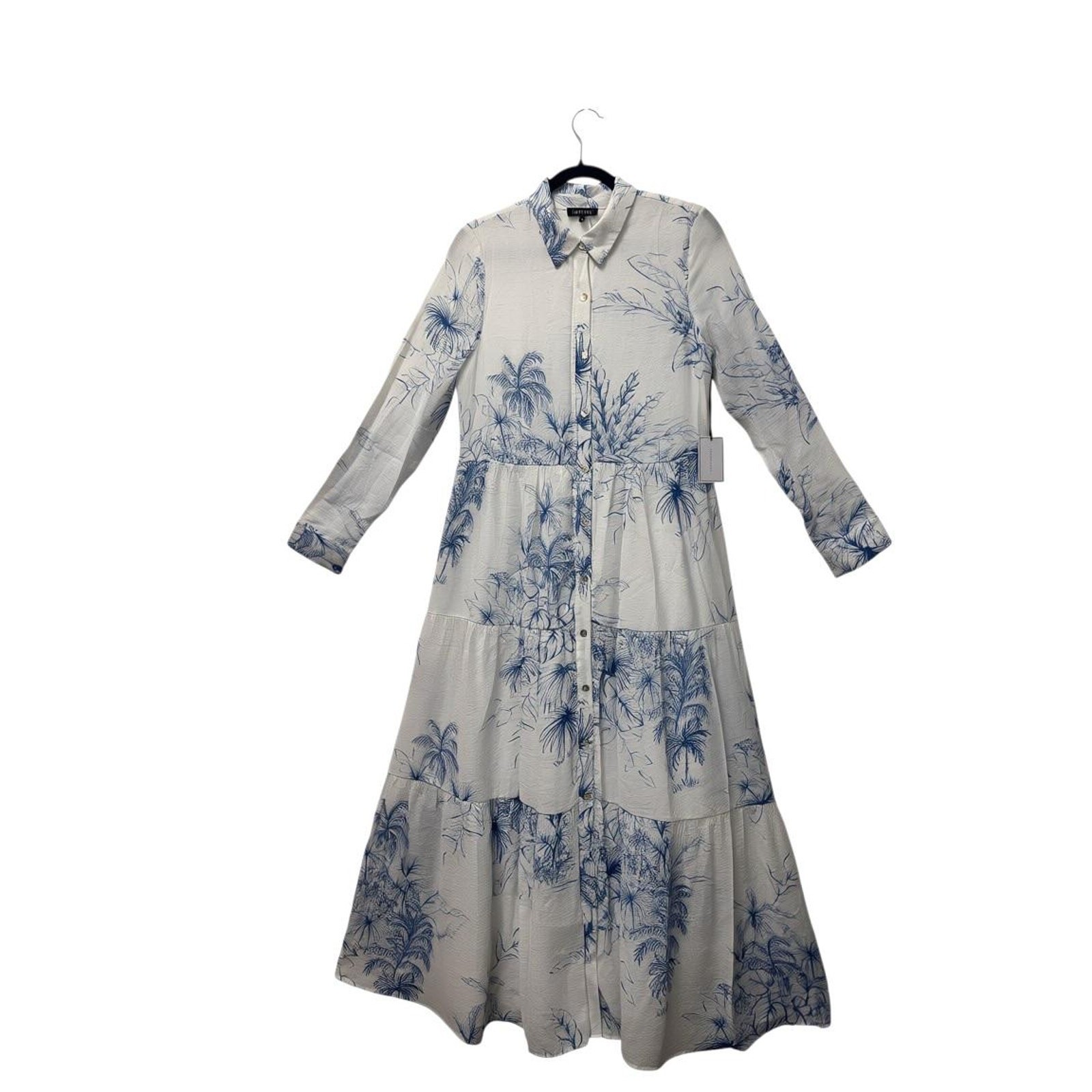 1.STATE Tropical Toile Print Tiered Maxi Shirtdress White Blue