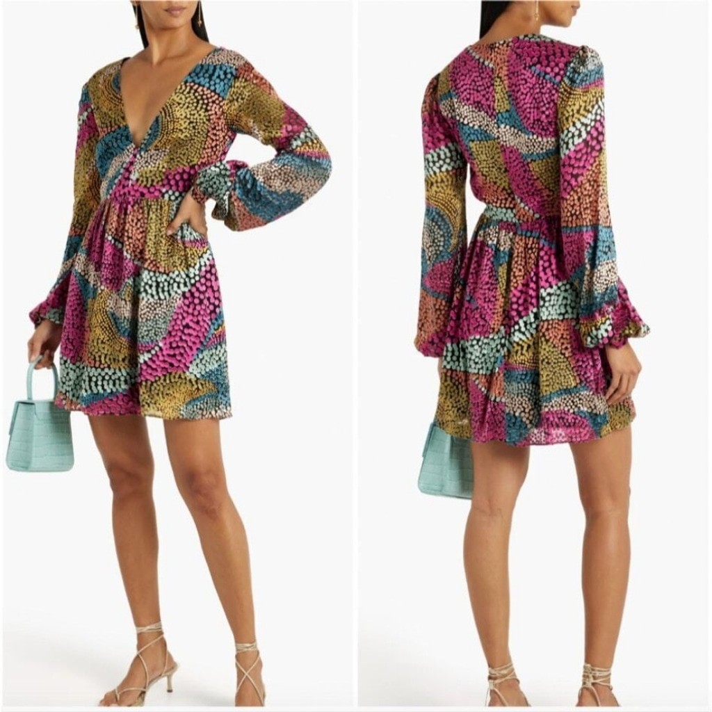 NWT Saloni $600 Camille Gathered Fil Coupe Chiffon Dotty Mini Dress – Women’s 6