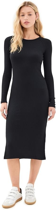 Beyond Yoga Contours Dress M Black Ribbed Modal Midi Long Sleeve USA EUC