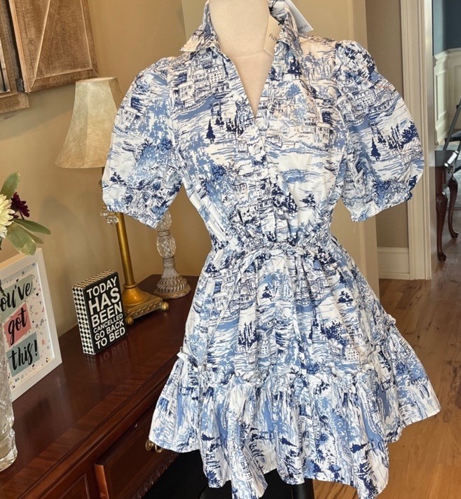 Sugarlips White Blue Etchings Collared Puff Sleeve Mini Ruffle Hem Puff Sleeve