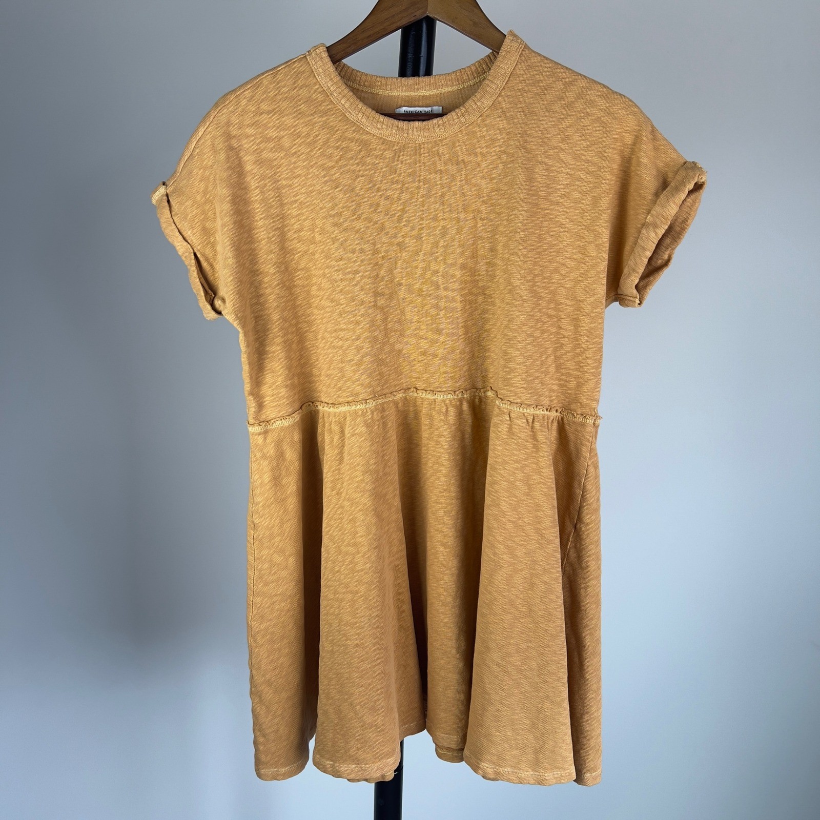 American Eagle Mustard Yellow Cotton Slub Babydoll Mini Dress Short Sleeve M
