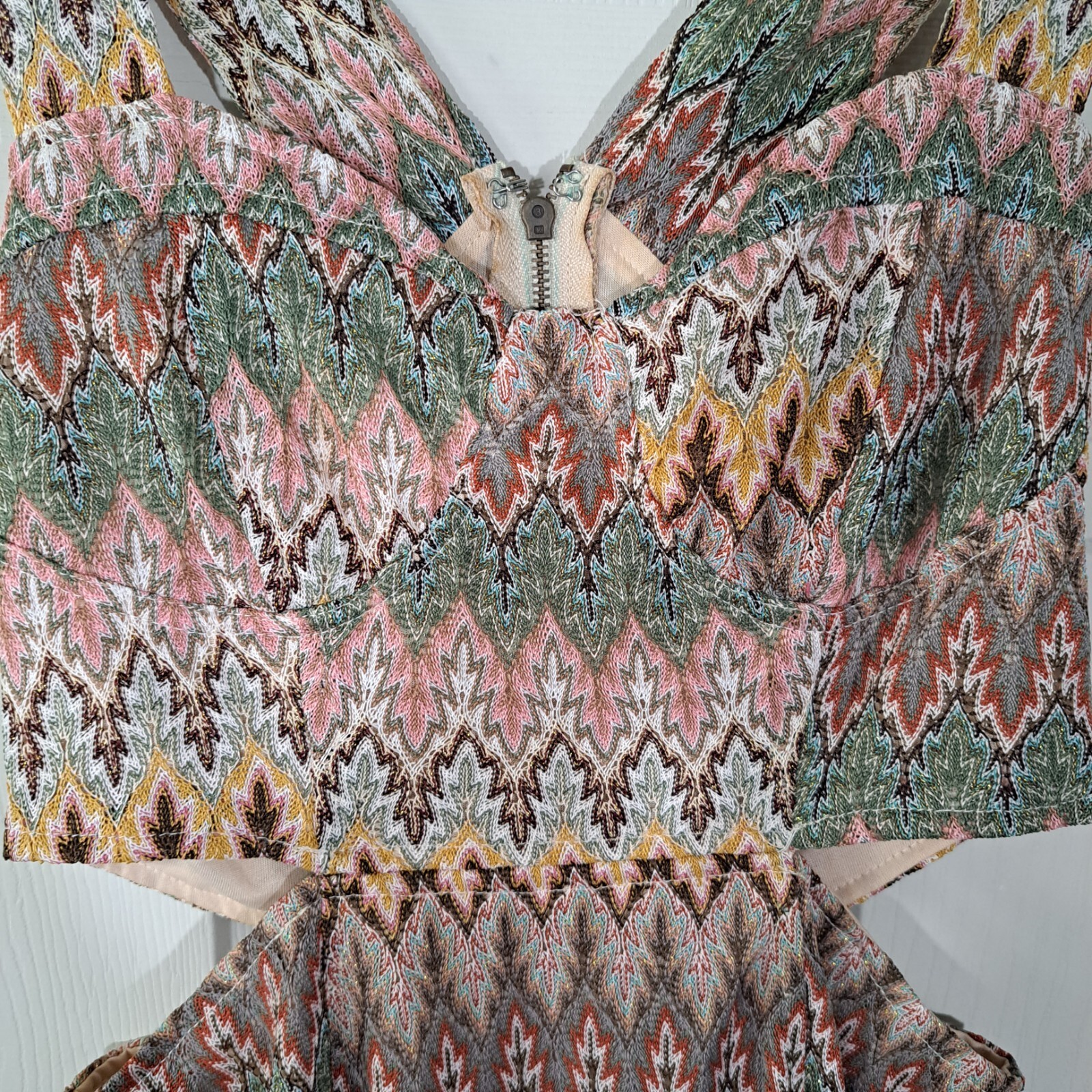 Ark And Co Womens Dress Size Small Beige Pink Green Slit At Waist Zipper Closure