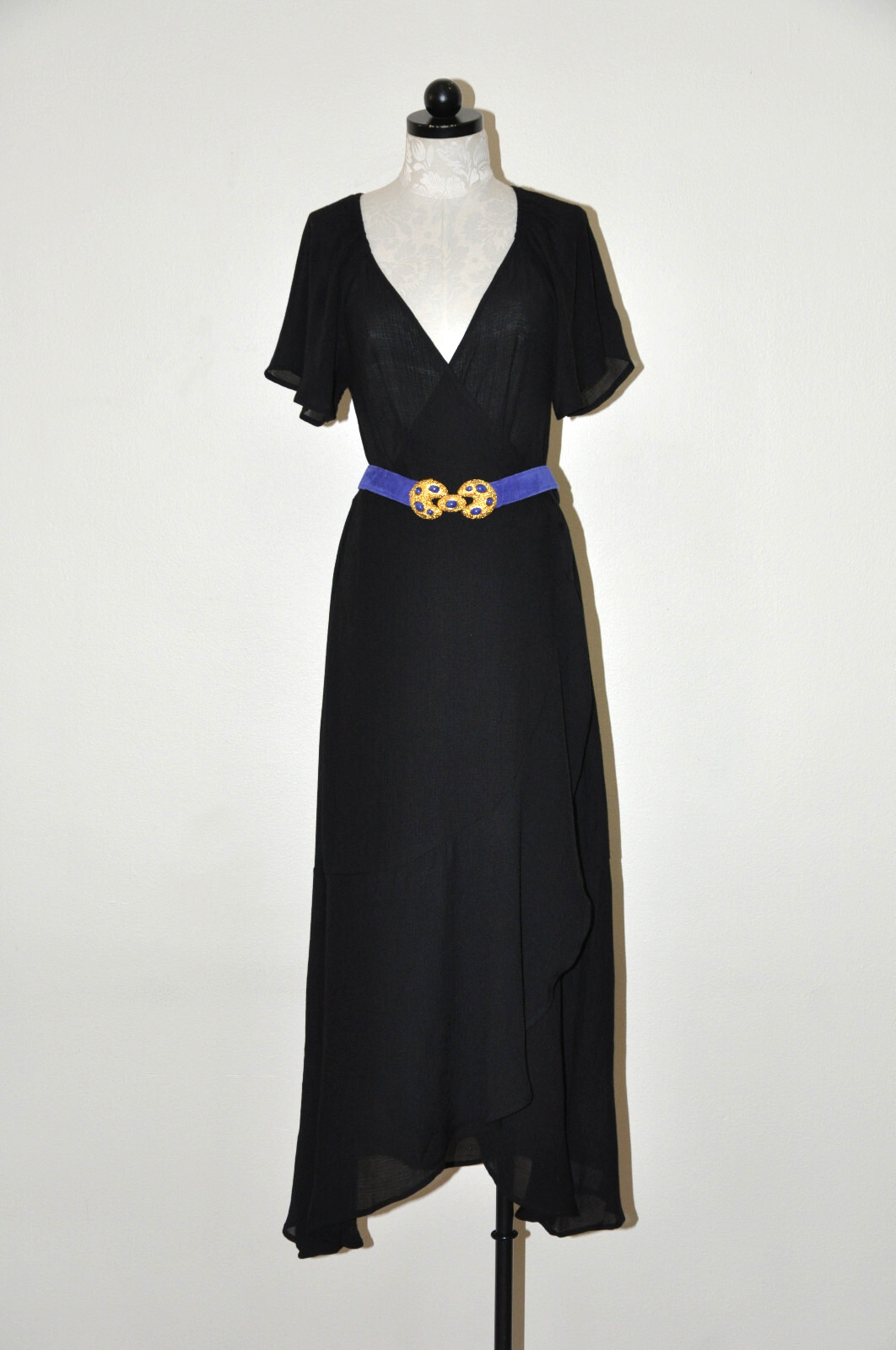 Lush Black Cotton Gauze Sheer Plunging Neckline Long Maxi Wrap Dress LBD Women M