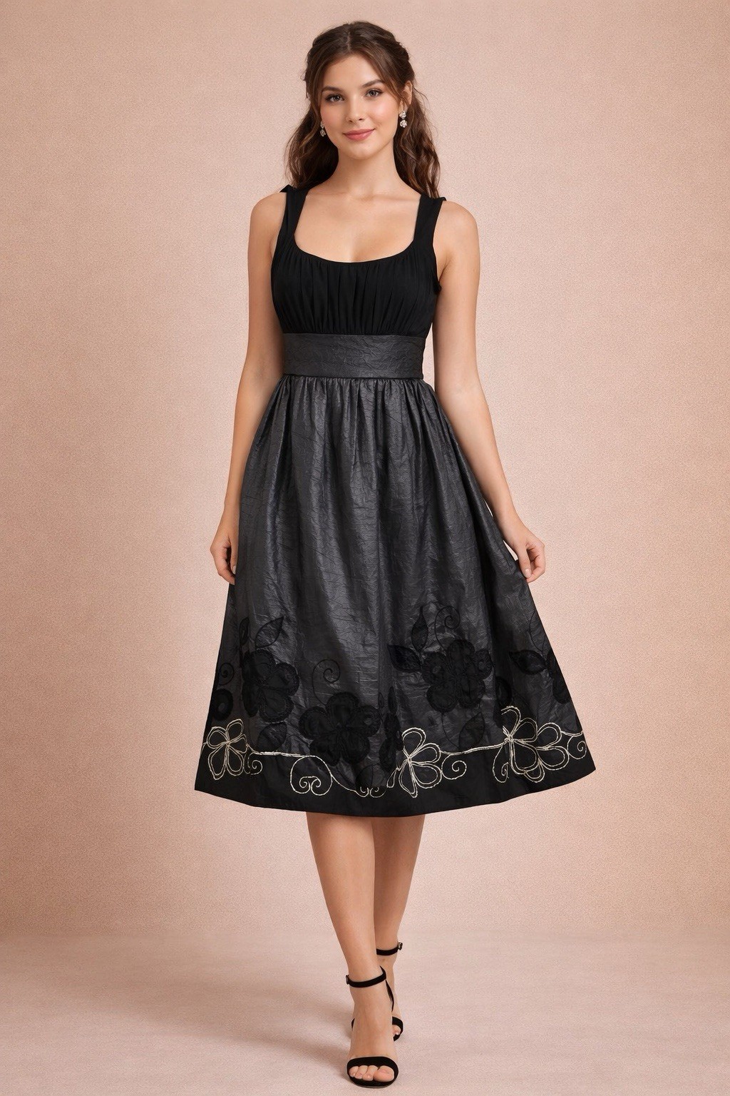 Jodi Kristopher Black/Gray Satin Empire Waist Dress Embroidered Juniors Sz 11/12