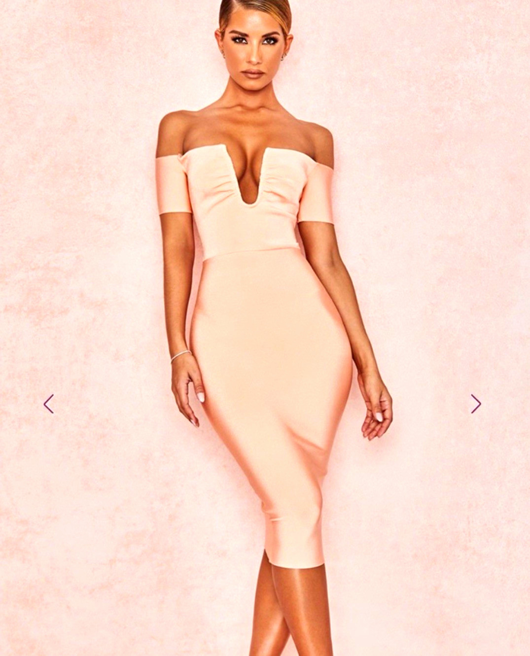House of CB London Peach Off Shoulder Bandage Bodycon Midi Dress Stretch L