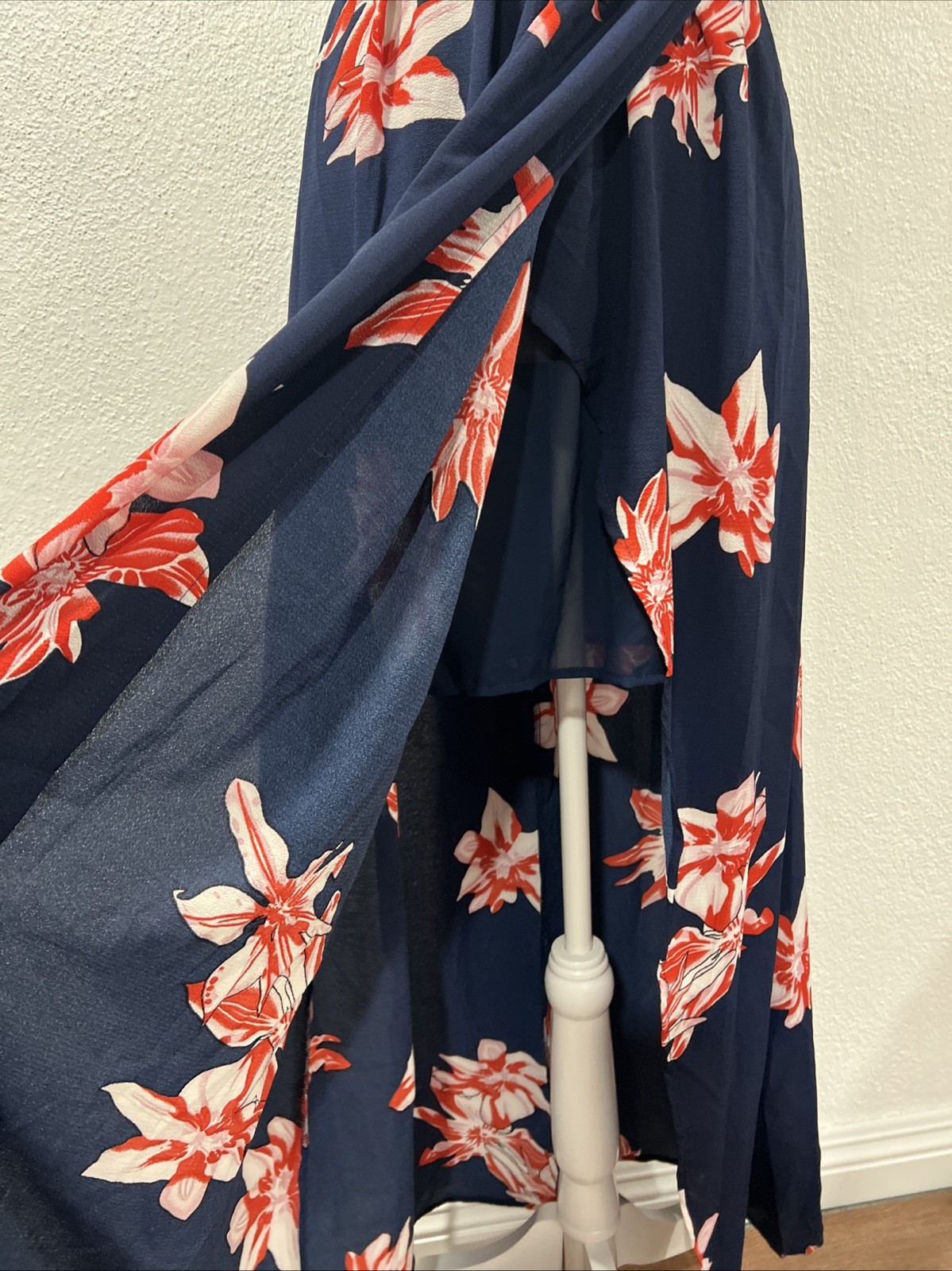 Simplee Floral Maxi Dress Large Navy Orange V-Neck Halter Mock Wrap High Slit