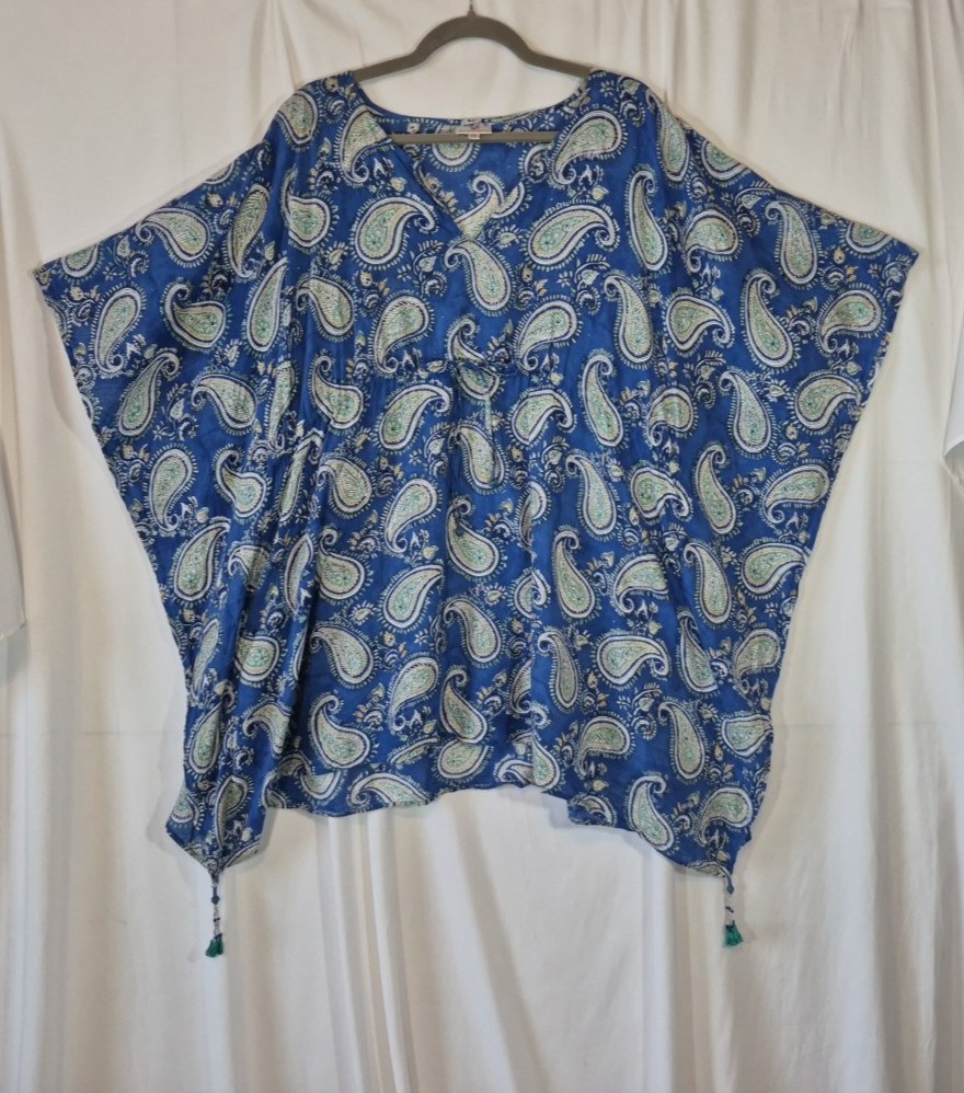 Anthro Anokhi Blue Paisley Block Print Cotton Caftan Dress XS S M Free Size New