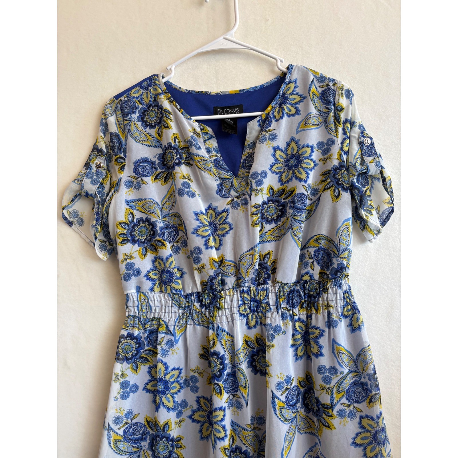 Enfocus Studio Blue Yellow Floral Smocked Waist Roll Tab Sleeve Dress Size 4