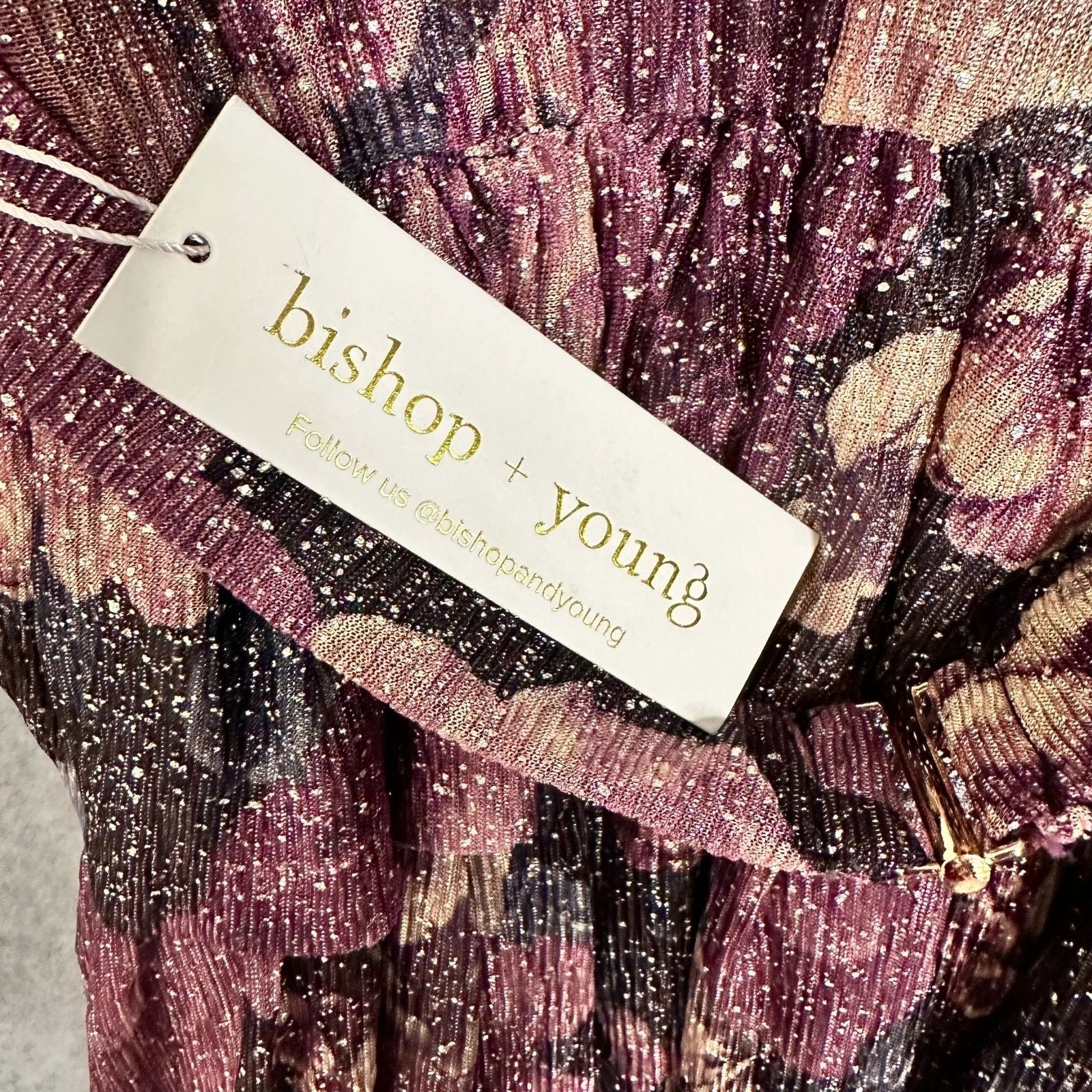 Bishop And Young Womens Dress Medium Gold Purple Metallic Glam Slam Party Floral