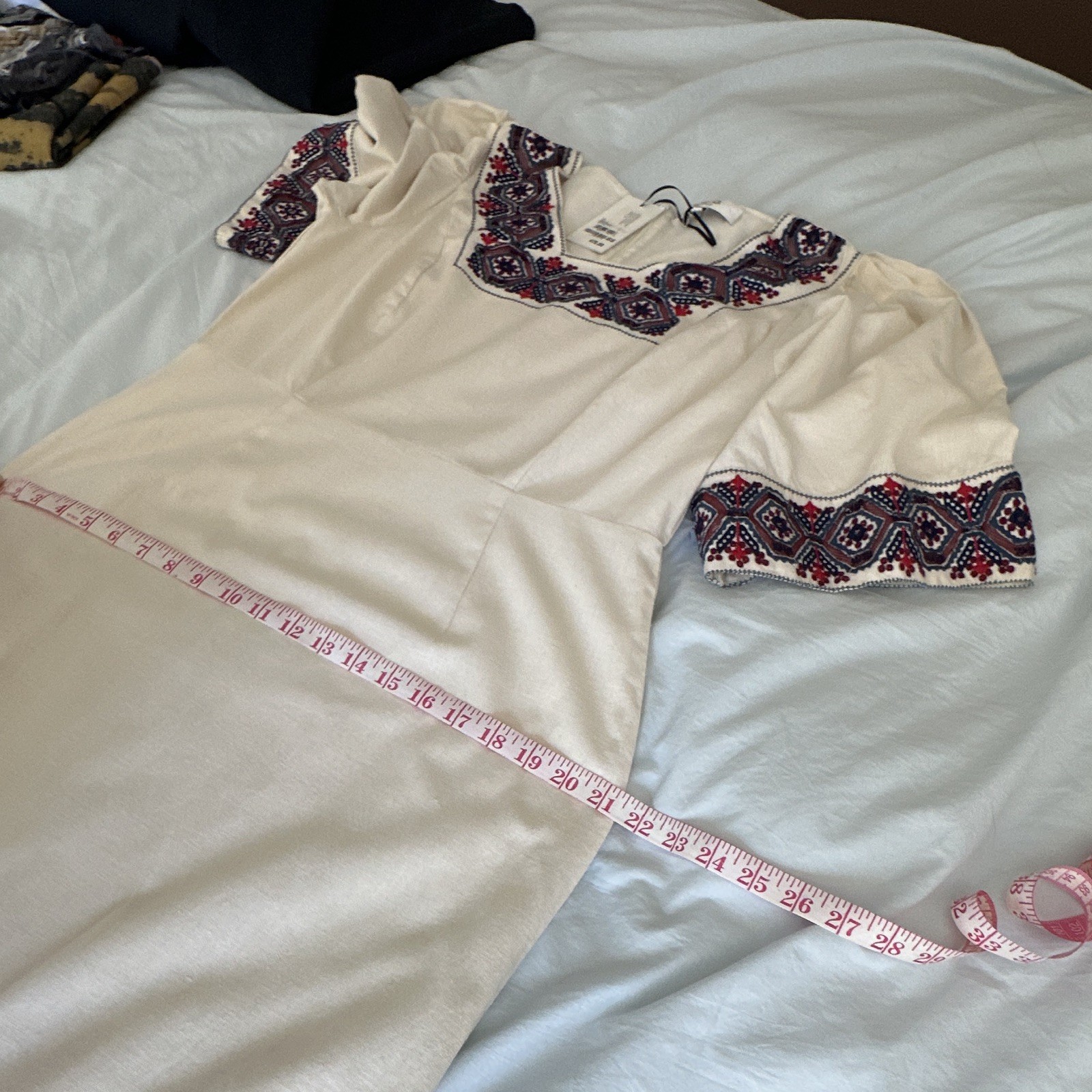 Sea New York Ivory Embroidered Geometric Square Neck 3/4 Sleeve Midi 10