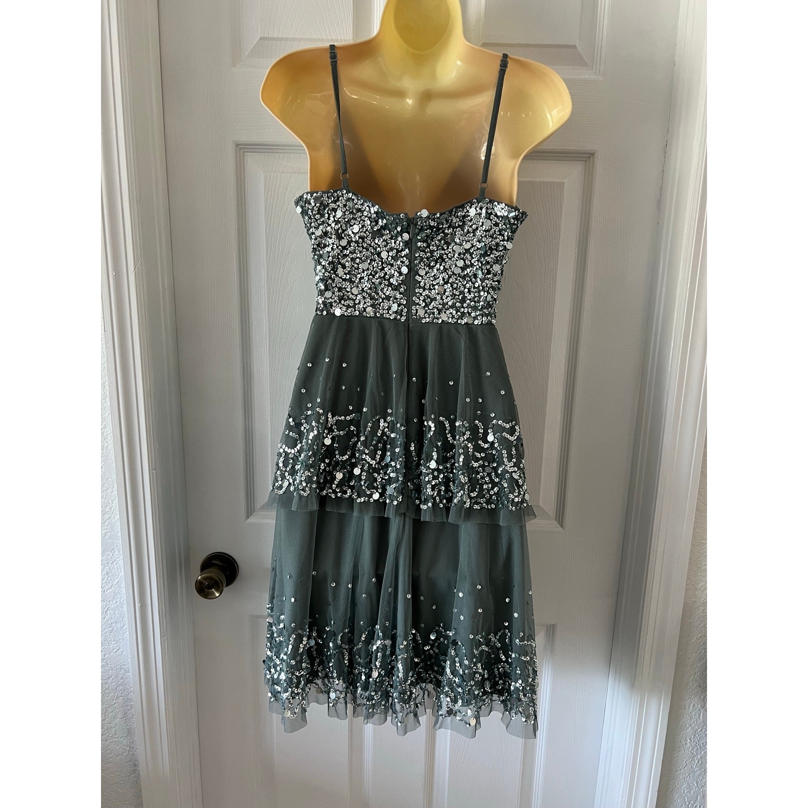 Lace & Beads Silver Gray Sequin Mini Dress Size Small Tiered Tulle