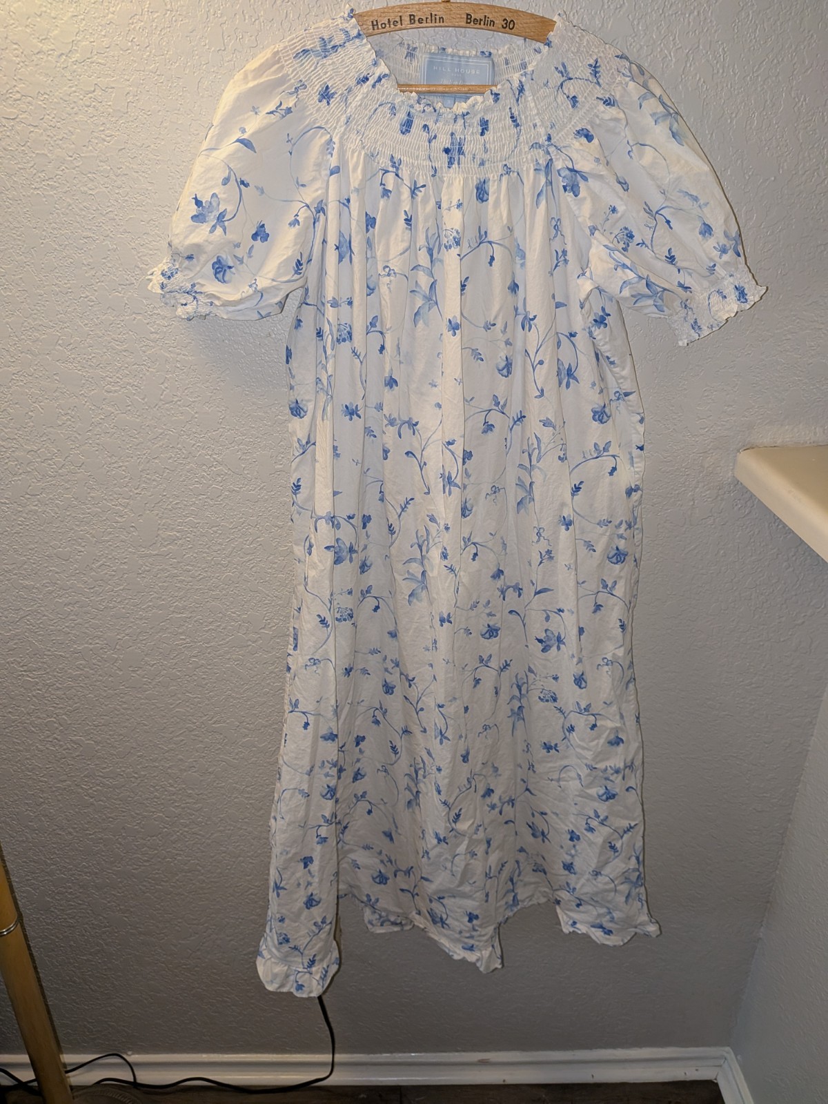 Hill House Home The Nap Dress Blue White Floral Smocking Size S