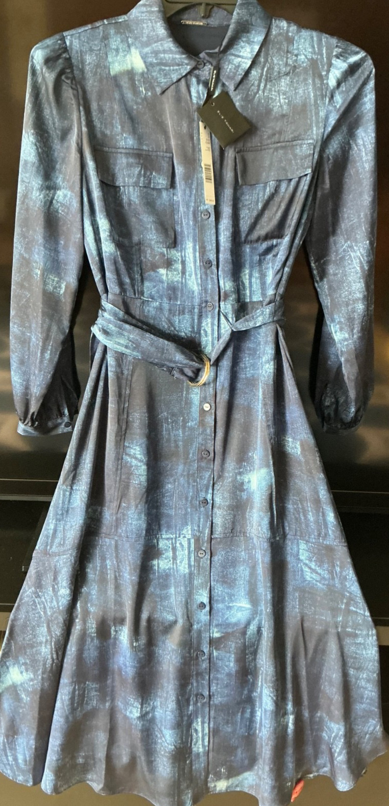 Elie Tahari Button Down Collar Navy Blue satin midi Dress Sz S Women’NWT$495