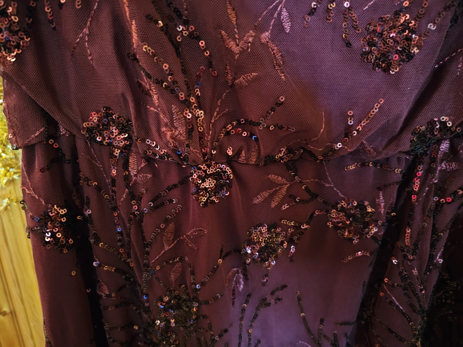 SLNY Tea Length Mesh Sequin Blouson Dress Plum Burgundy Size [Size 10]
