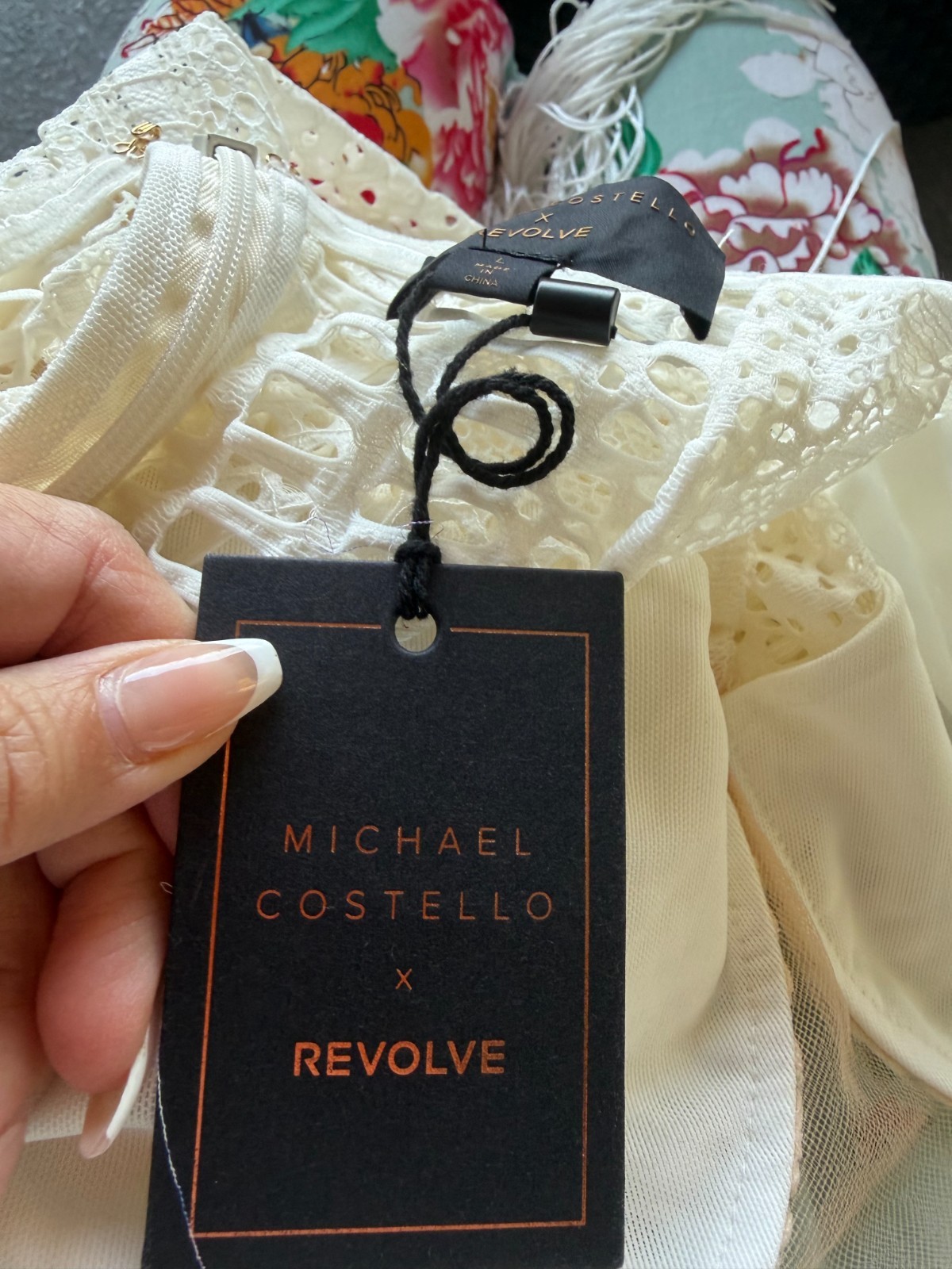 Michael Costello x REVOLVE Raelyn White Fringe Crochet Maxi Dress Sz L Resort