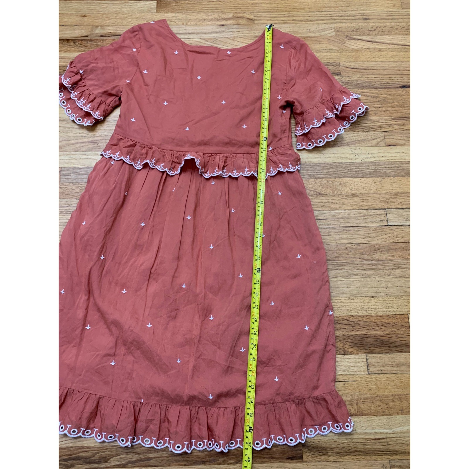 Anthropologie Terracotta Orange Embroidered Ruffle Peplum V-Neck Dress Size 6