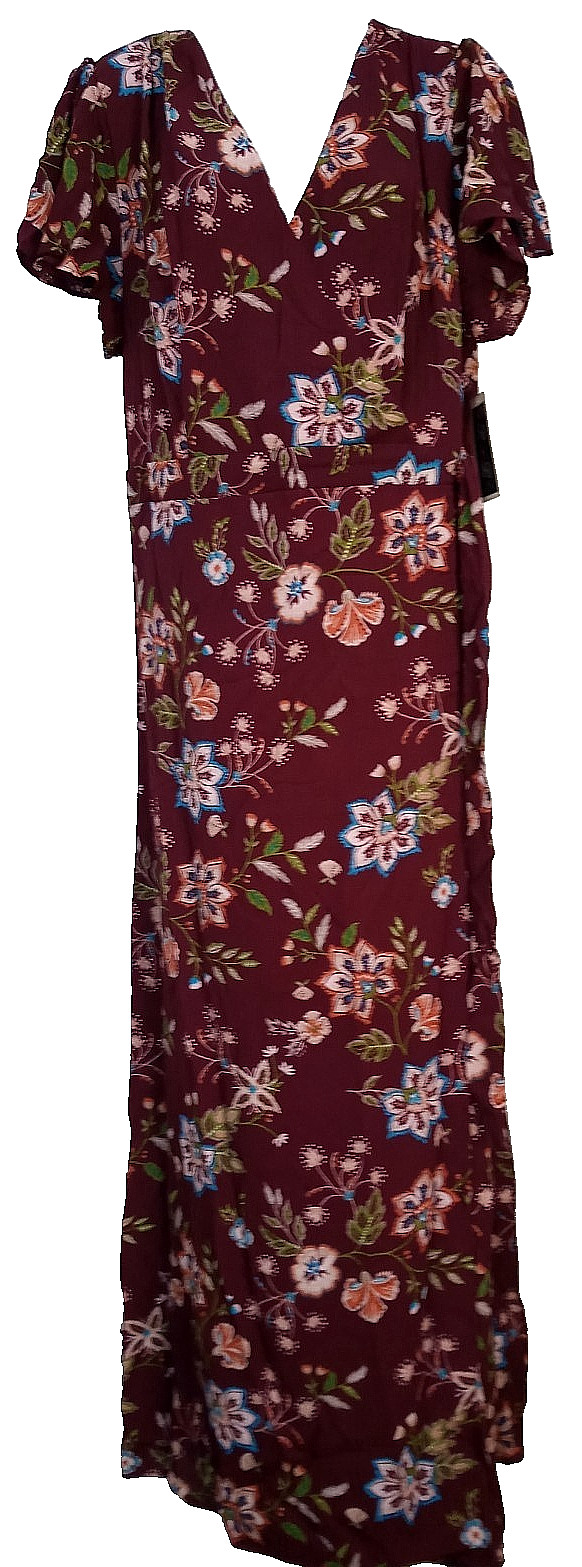 NWT R N B Maxi Dress Women’s Plus 2X Tall Wrap Short Sleeve Belt Burgundy Floral