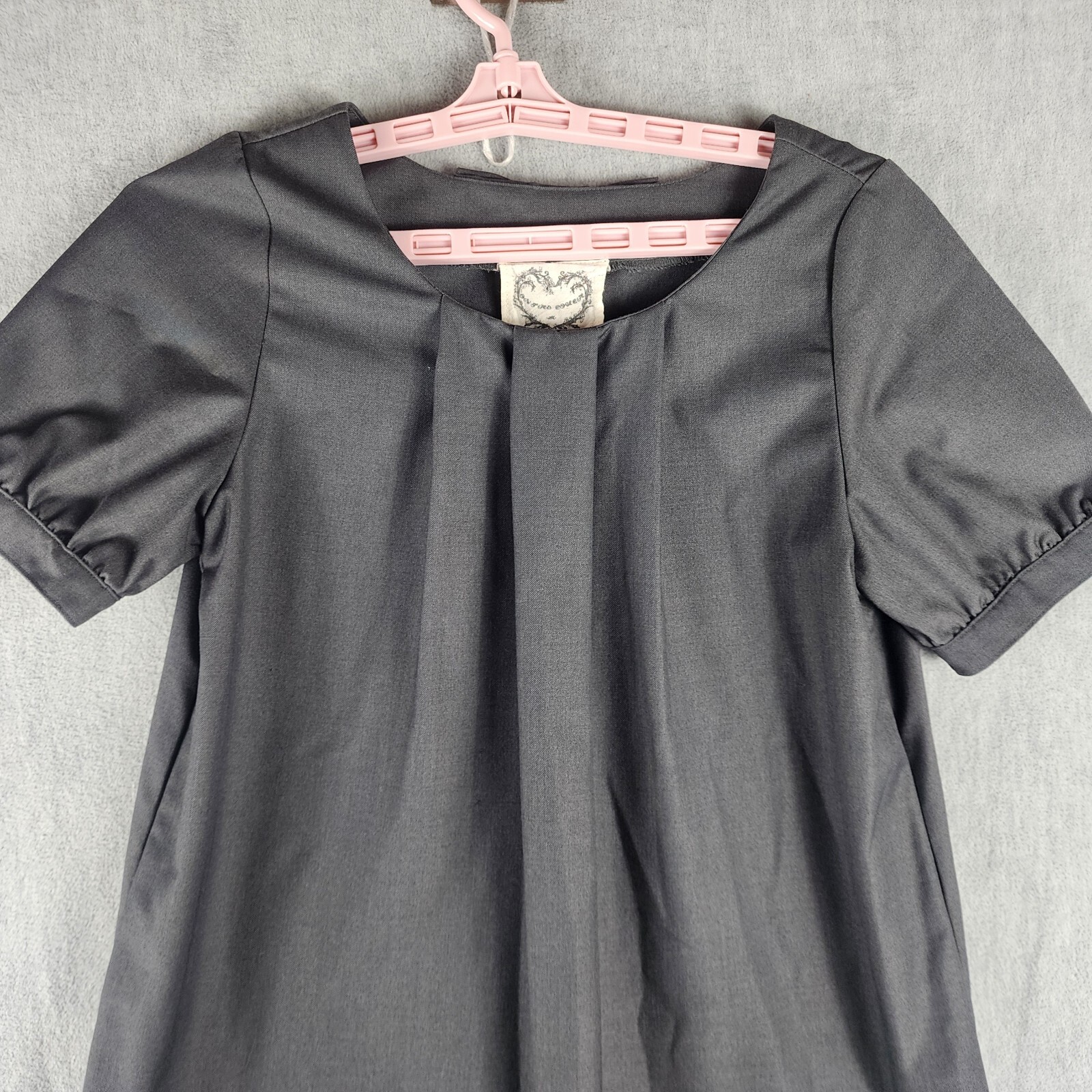 Women Dress S Gray Tunic Shift Ruffle Hemline Bow On Back Cuff Sleeves EUC