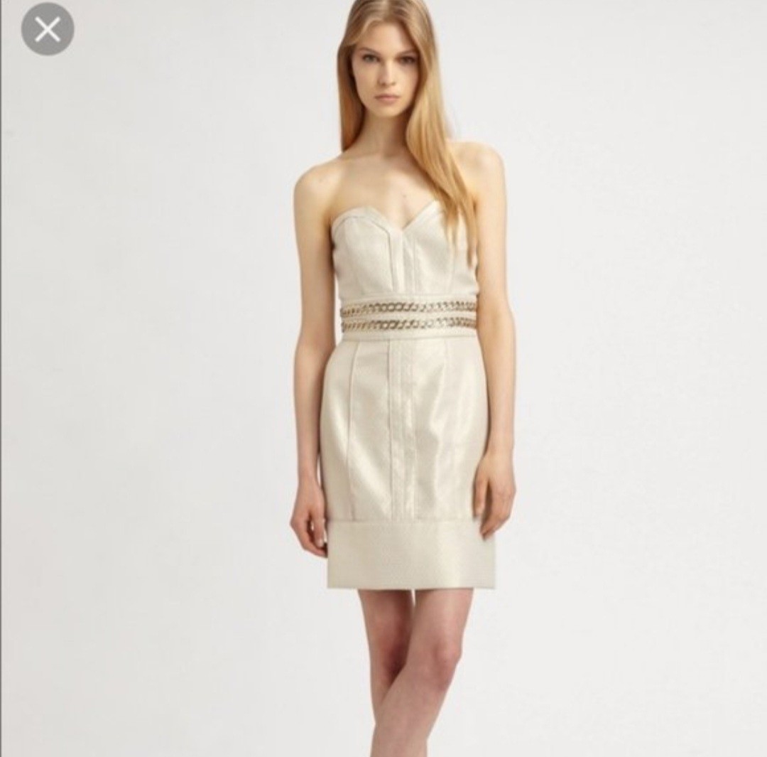 Laundry by Shelli Segal Gold Metallic Jacquard Chain Waist Mini Dress Strapless