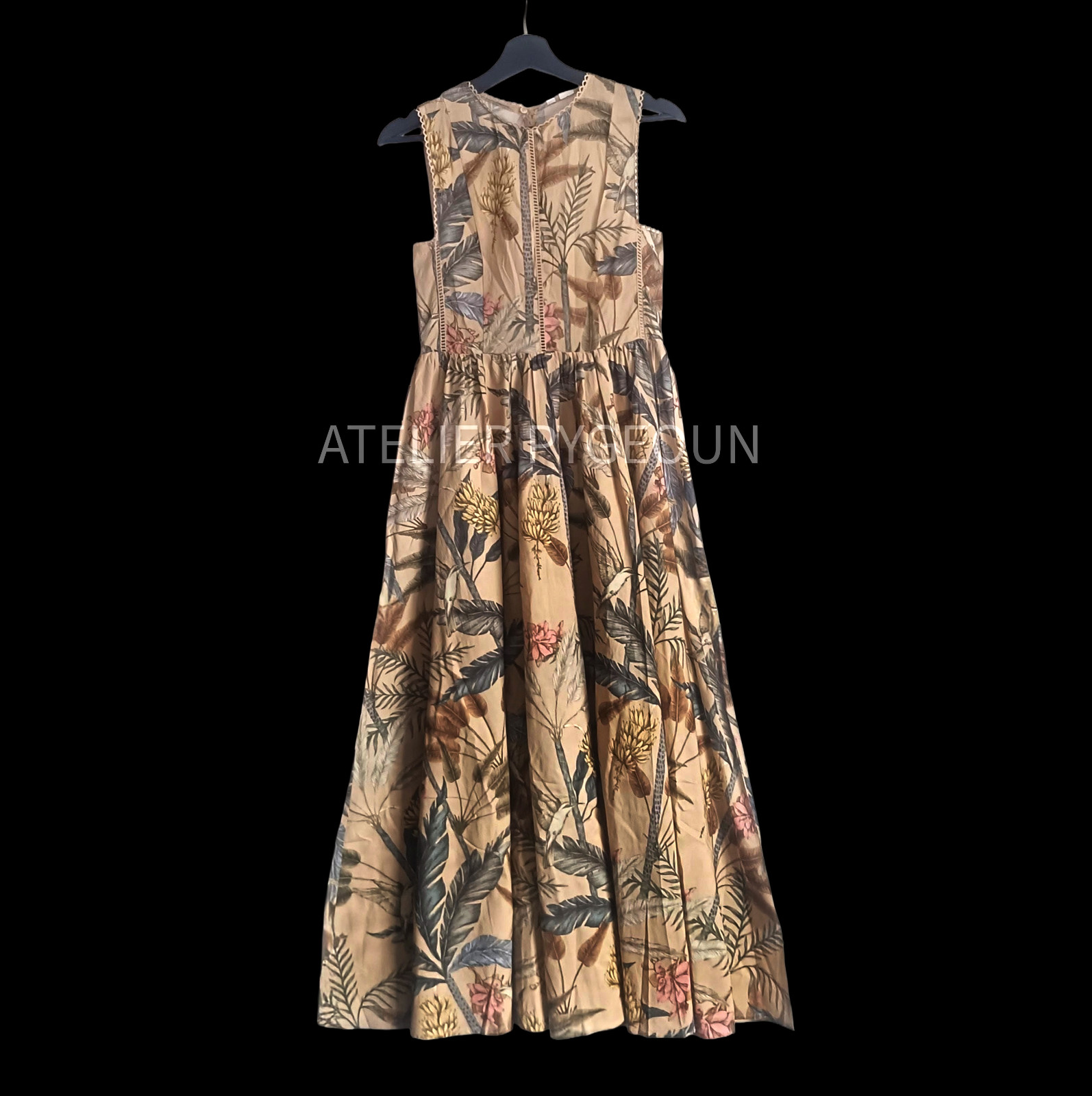 BNWT H&M Lace-Detail Cotton Dress Beige/ Plants Birds 1329816001 Sz XS,S,M,L,XL