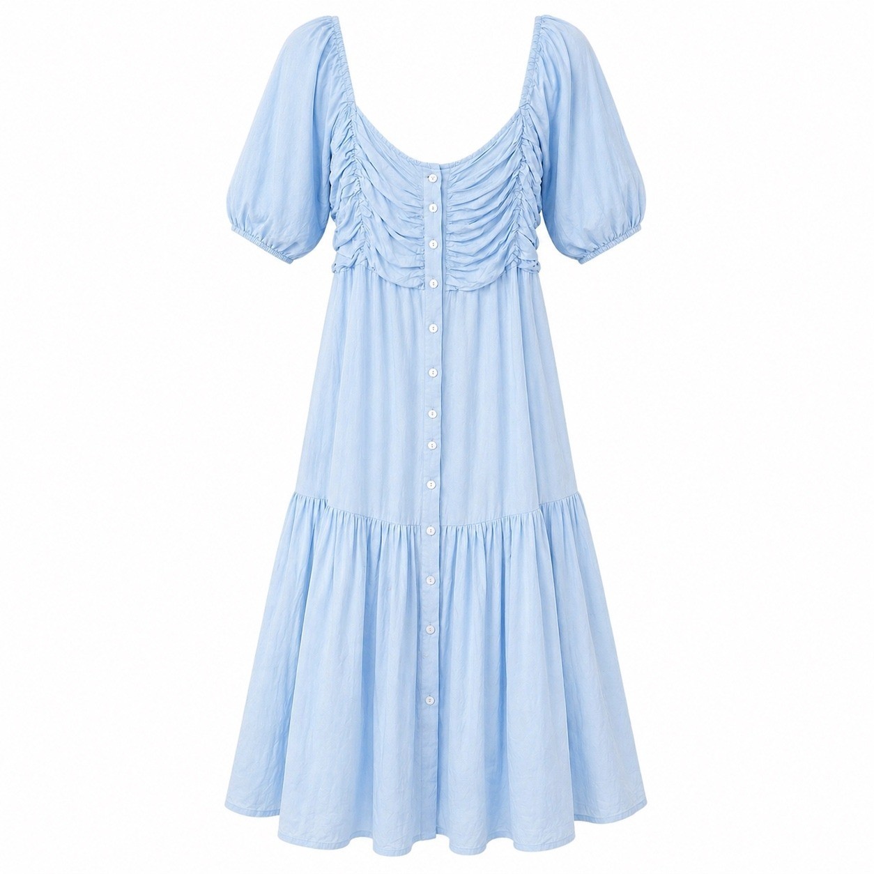 ELF Made By Hand Bali Blue Ruched Button Front Puff Sleeve Midi Dress Size XL