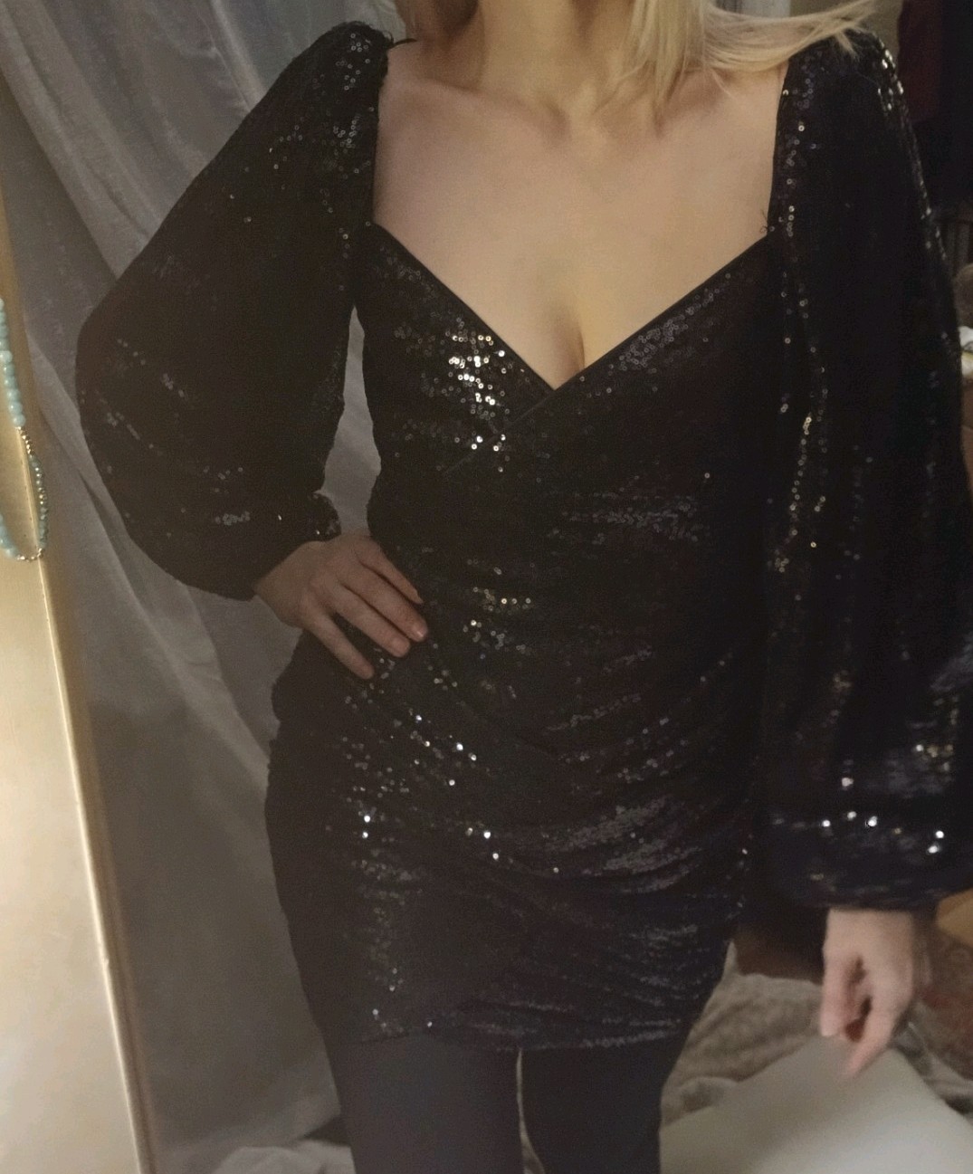 FIESTAR Size LG BLACK SEQUINED LONG SLEEVE FORMAL EVENING DRESS Zipper Back NEW