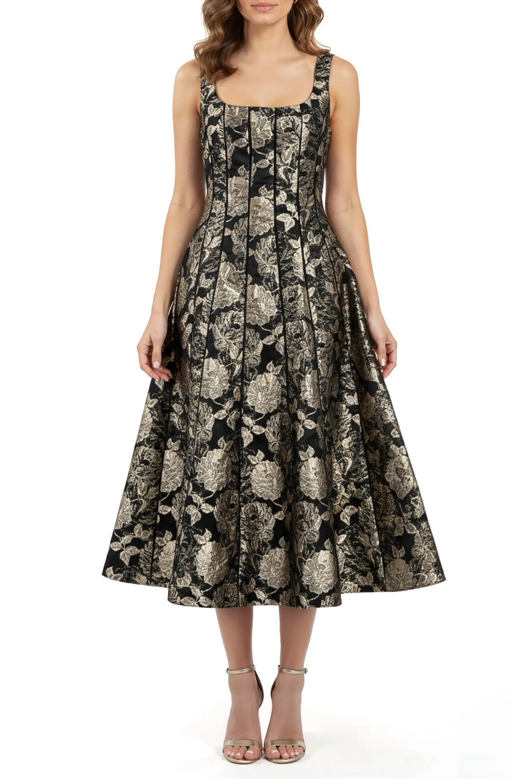 Mila Mae Dress Size Medium Gold Jacquard Sleeveless Fit and Flare Midi $134