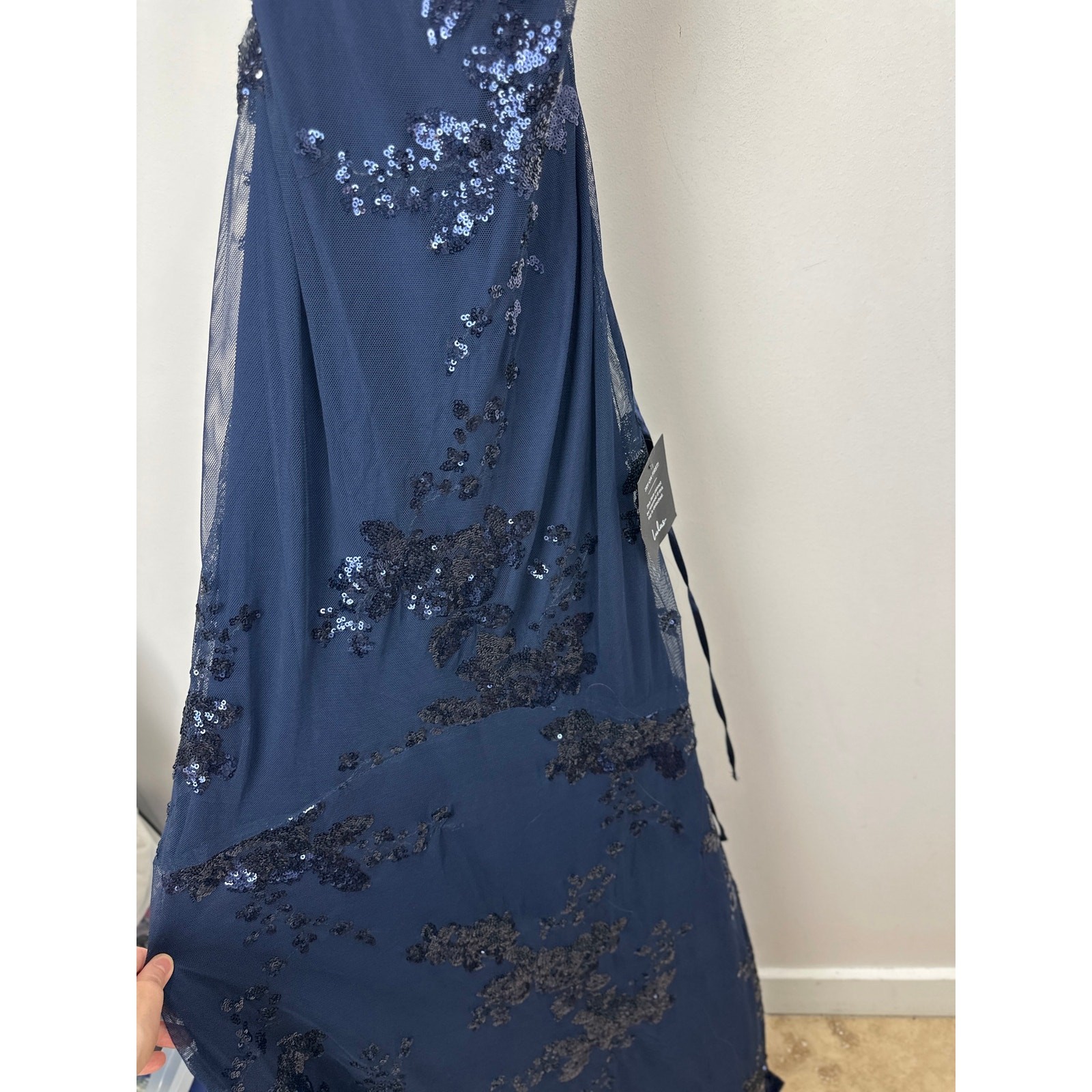 Lulus Valhalla Navy Blue Sequin Lace-Up Maxi Dress Formal Evening Glam Large NWT
