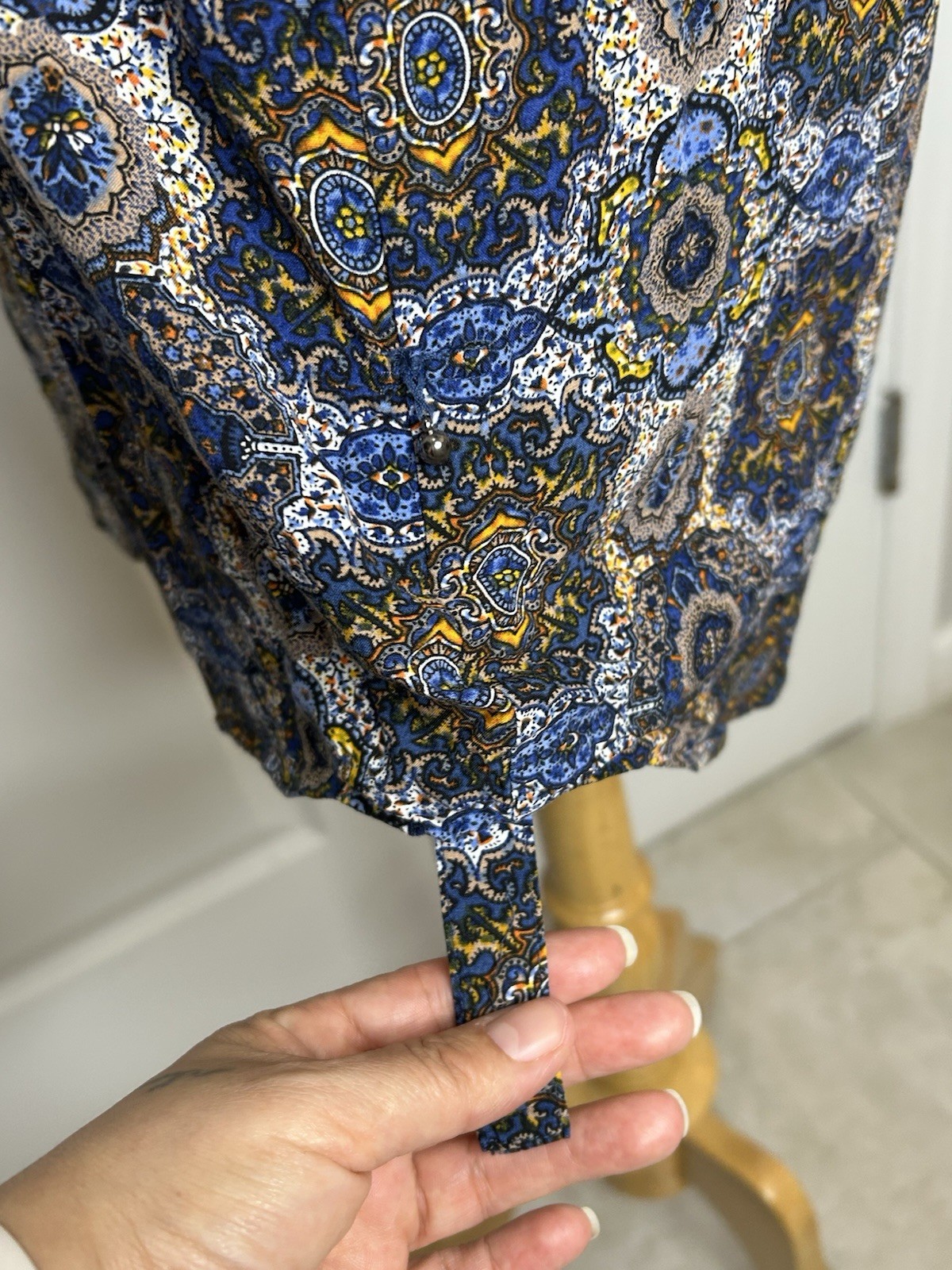 danielrainn Blue Paisley Wrap Dress V-Neck 3/4 Sleeve Tie Waist Lined S