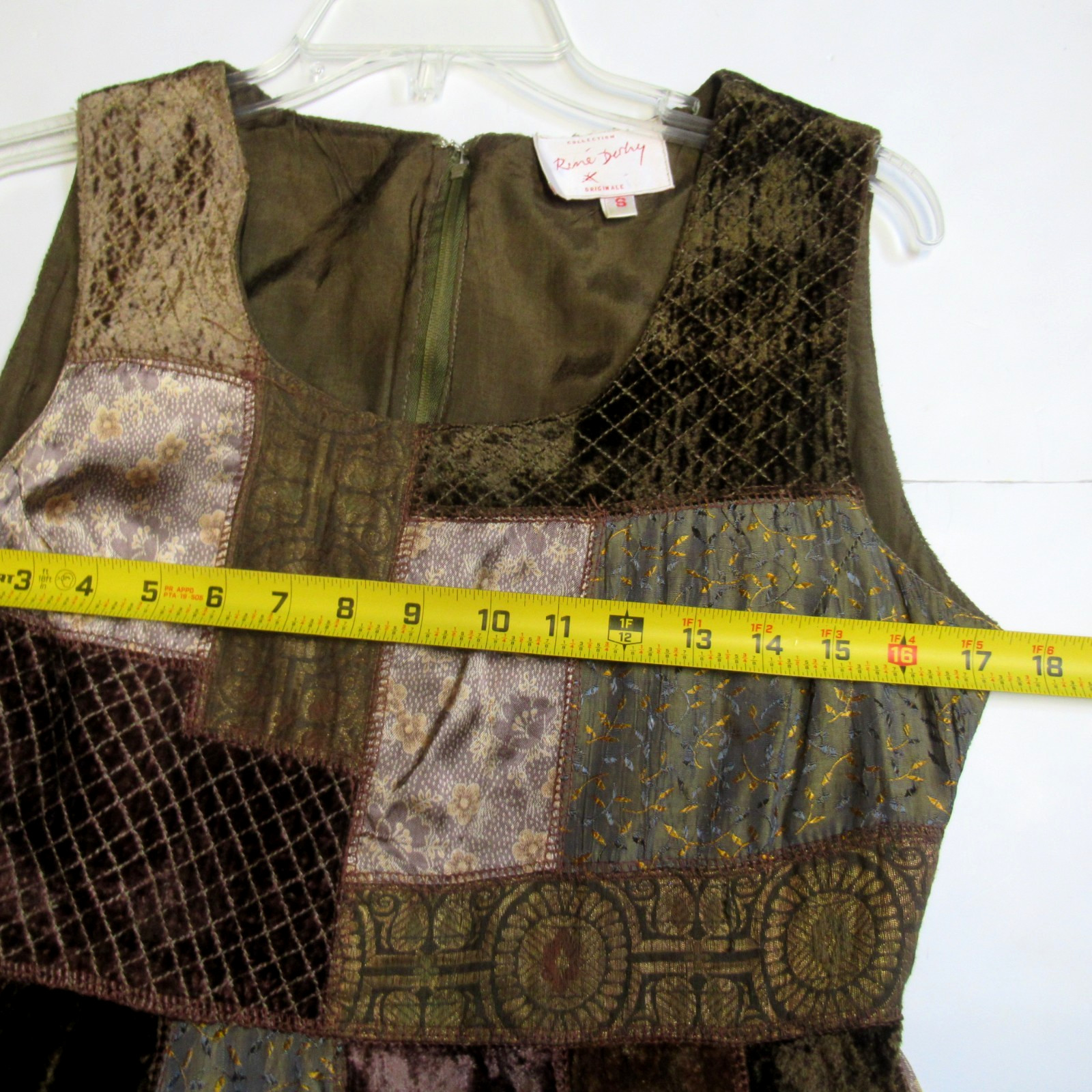 Vintage RENE DERHY VELVET PATCHWORK DRESS Brown Olive Scalloped Hem Size S Boho