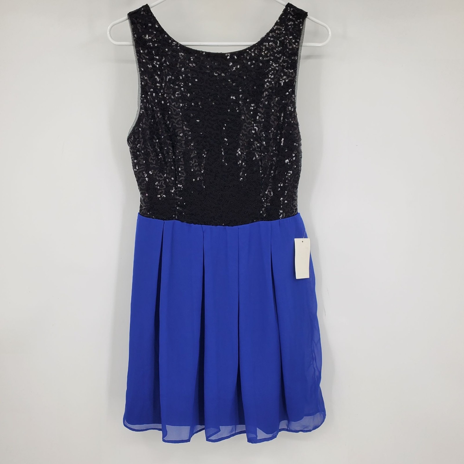 NWT B Darlin Blue and Black Sequin Y2K Pleated Chiffon Skirt Mini Dress Medium