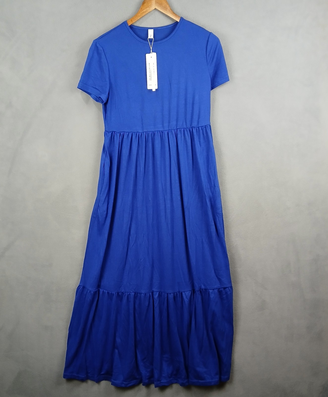 Fashion Tiered Maxi Dress Womens S Blue Rayon Pleated Round Neck Everyday Wear
