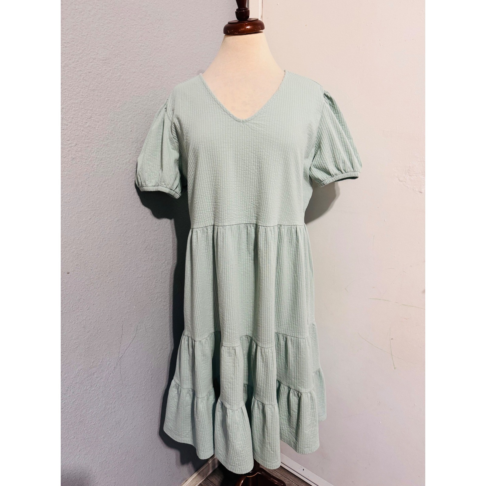 Downeast Cotton Blend Dress Size L Sage Green Ribbed Tiered Babydoll Mini Dress