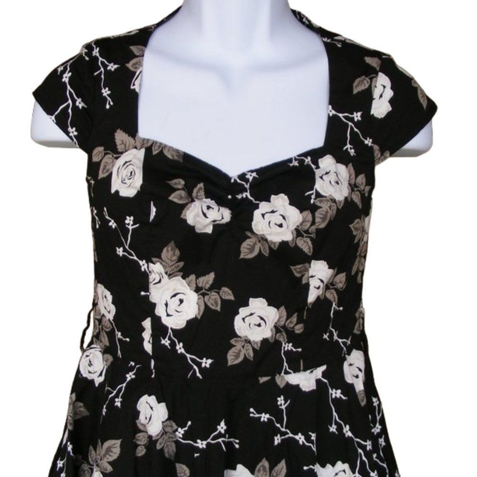 HELL BUNNY Vixen Dress, M, Swing, B&W Roses, Cap Sleeve, A-line, Retro, F&F