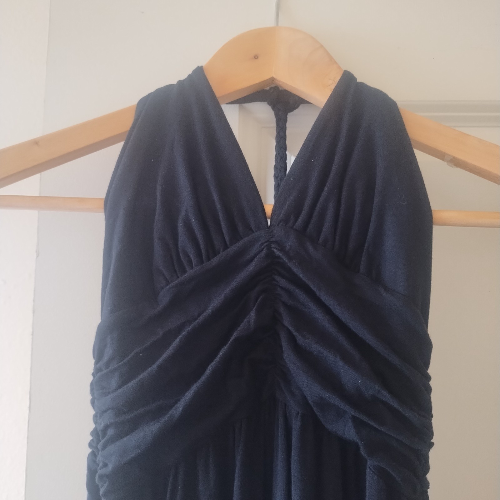 NWOT ELLA MOSS Long Black Halter MAXI Dress ROPE Detail Ruched SIZE S