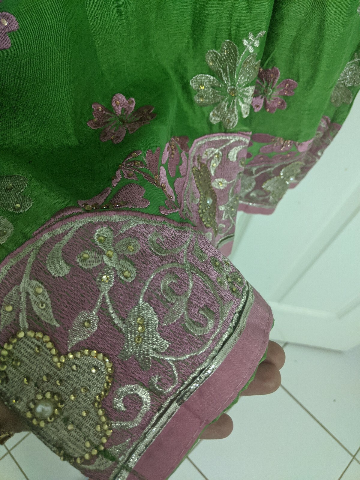 pakistani Shalwar Suit indian Green Shalwaar kameez Pink Beaded embroidered S8