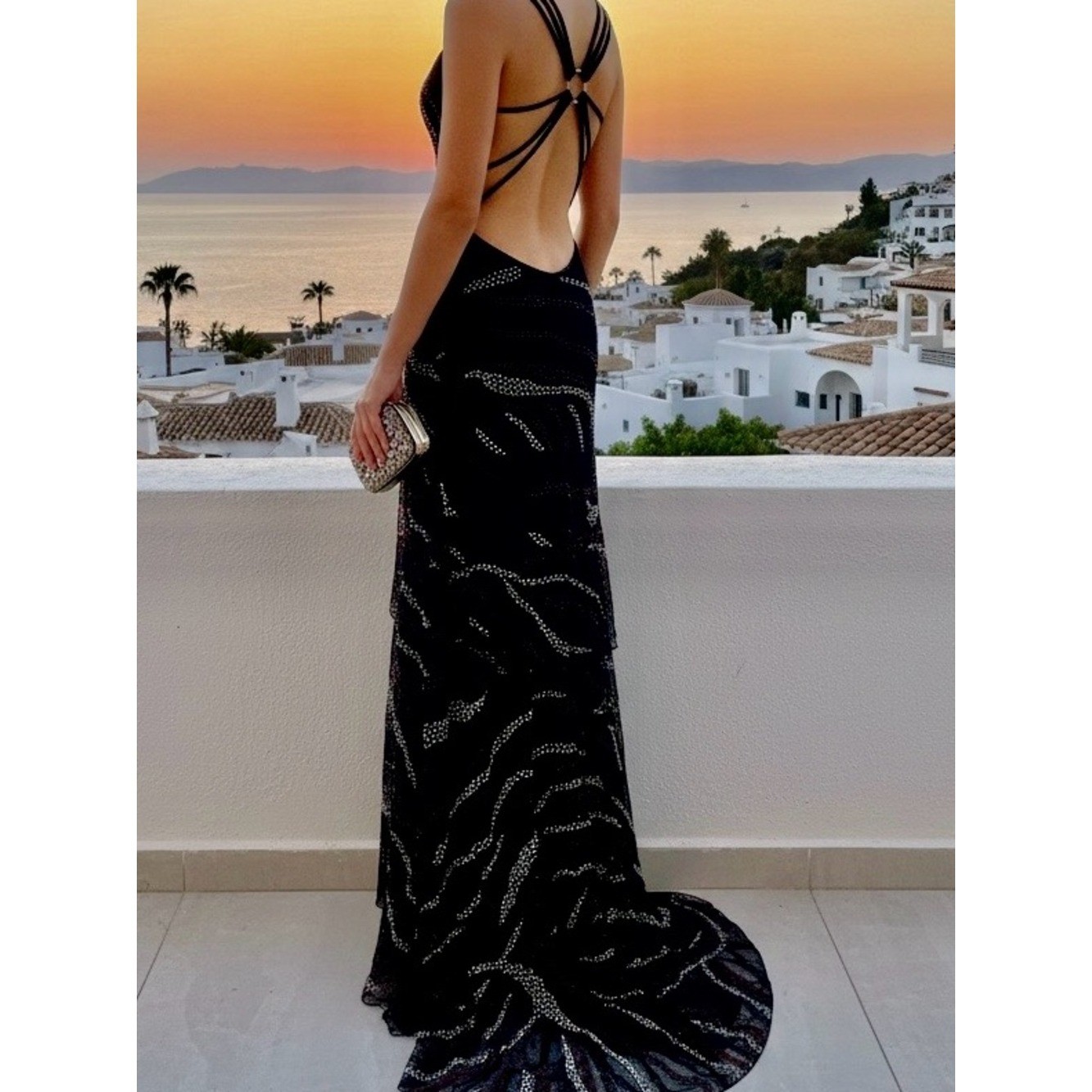 Black intricately hand beaded Sequin Mesh Maxi Dress with Double Straps stretch