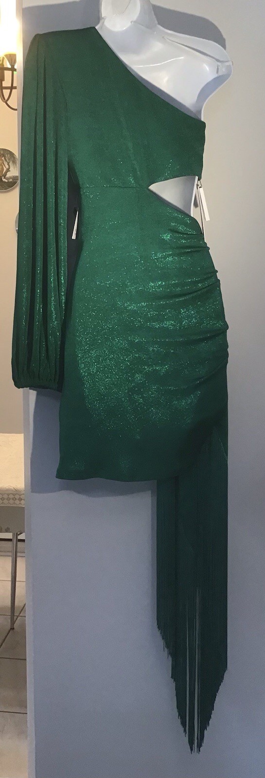 NADINE MERABI ONE SHOULDER MINI DRESS WITH FRINGE DITAIL NIKKI GREEN DRESS S/M