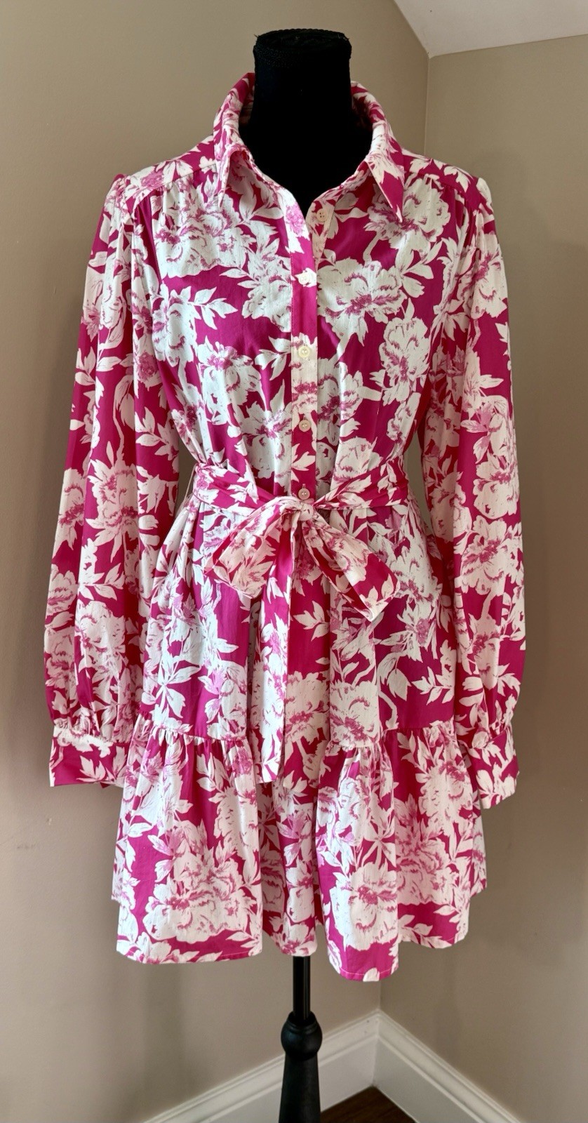 NWT Flying Tomato Pink White Floral Button-Up Dress w/ Tie-Waist Size Medium
