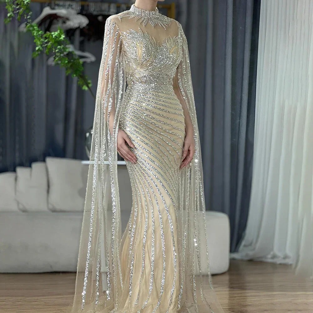 Mermaid Angular Sleeve Lace Bead Evening Dress Sweeping Train Prom Ball Gown