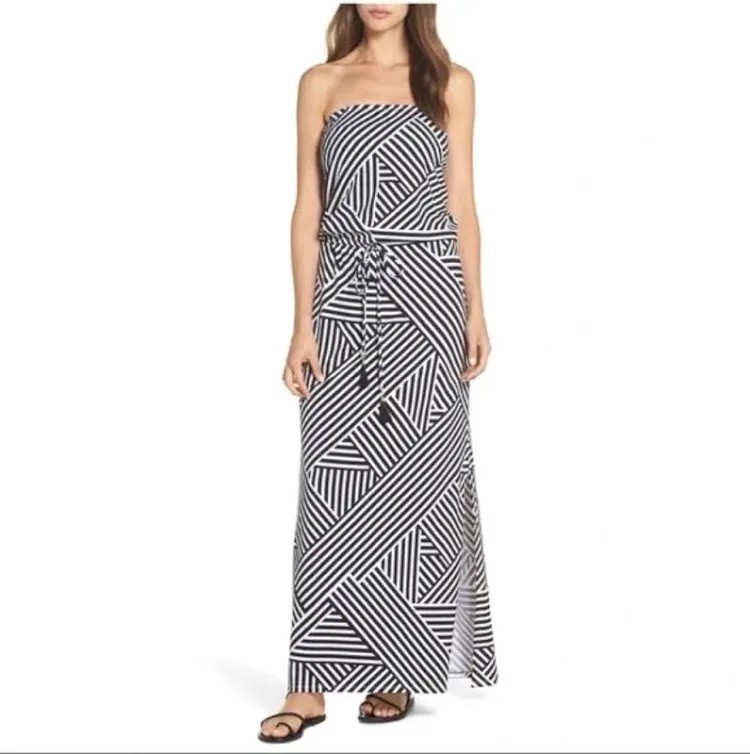Tommy Bahama Dress Factured Stripe Bandeau Maxi Large black/white