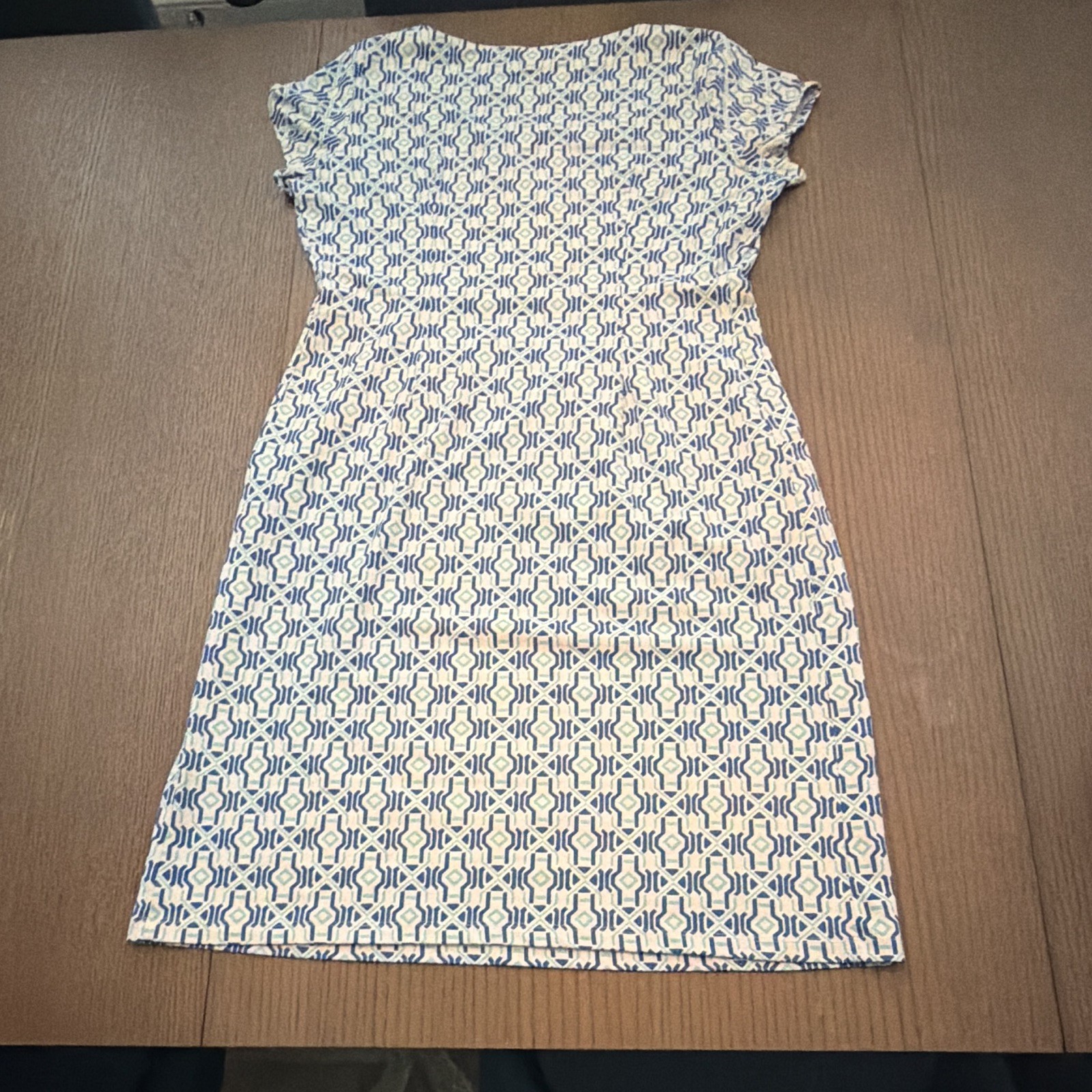 Blue/White Geometric Knit Sheath Dress Women’s M Square Neck Cap Sleeve