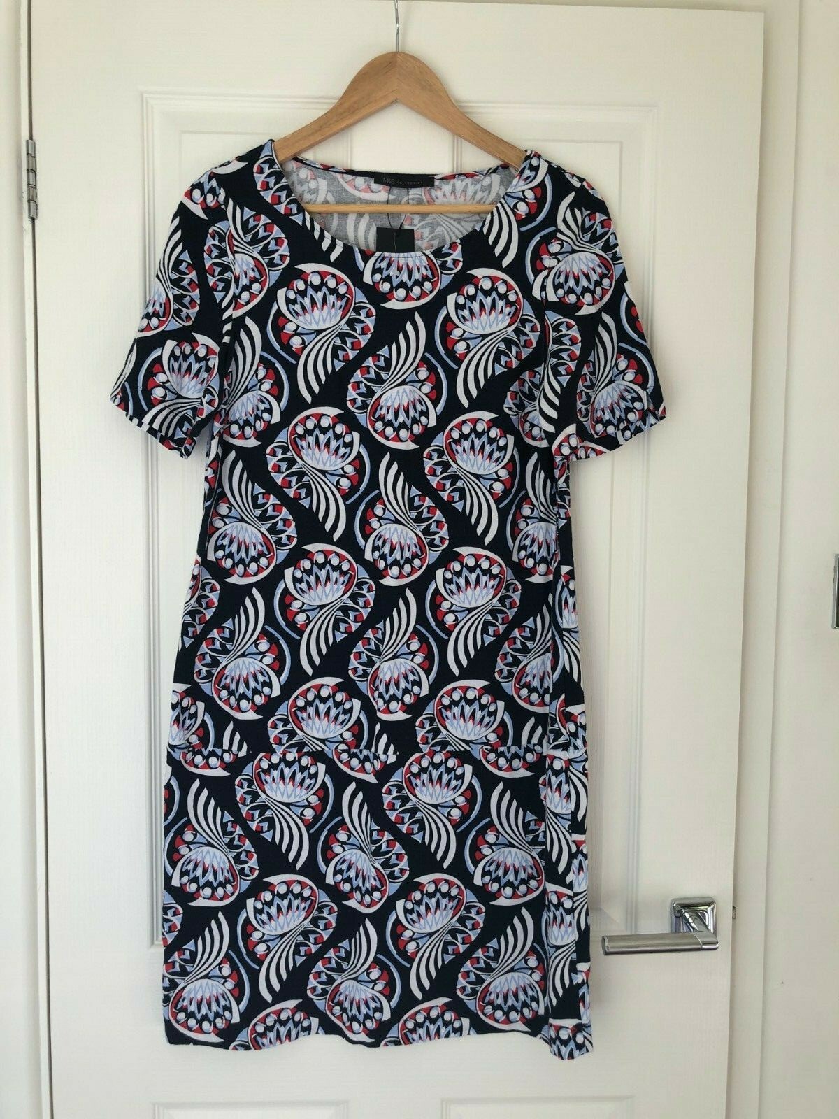 M&S Collection Patterned UK10 EU38 Dress 55% Linen 45% Viscose Navy Mix BNWT £25