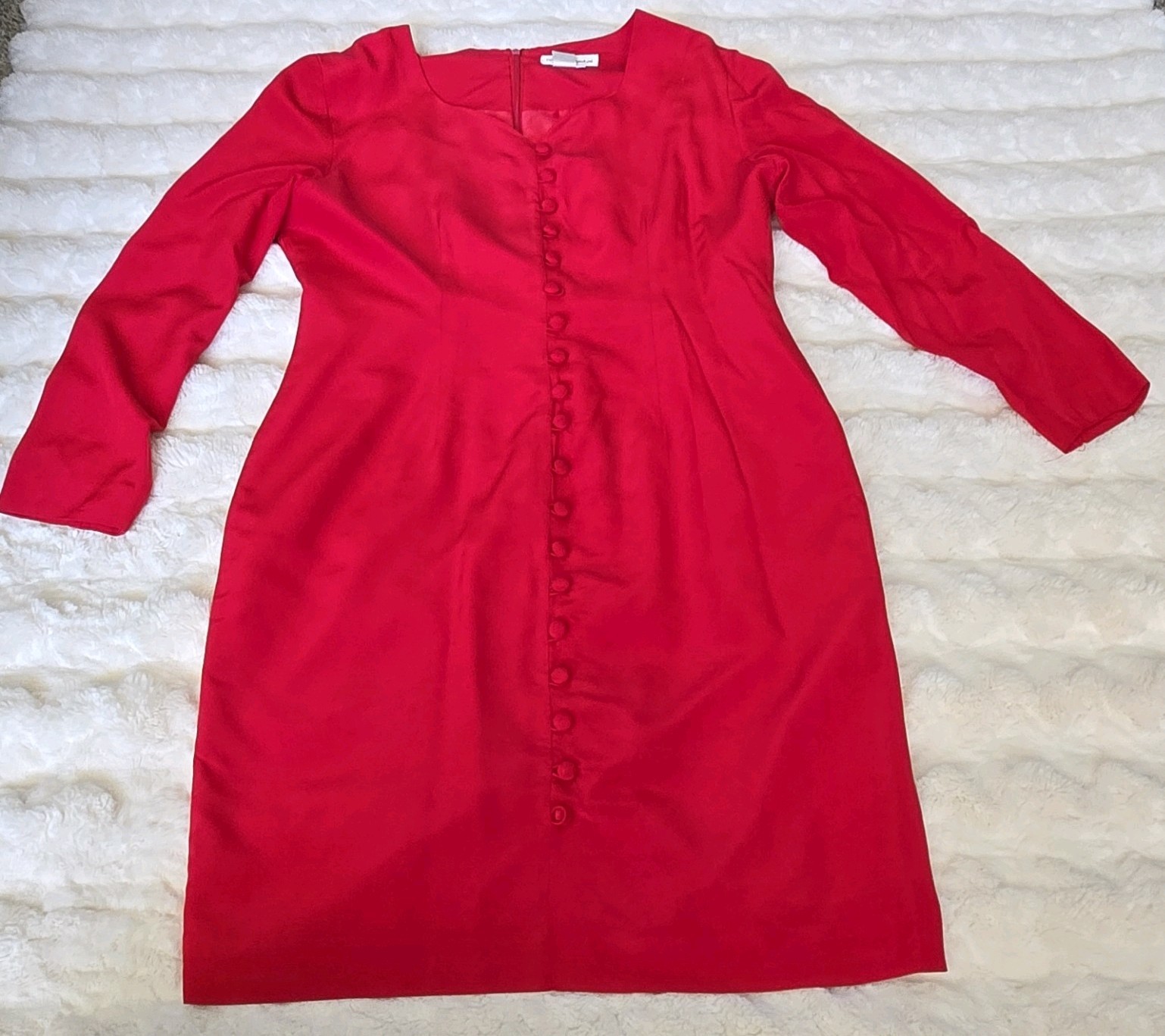 Nancy Crystal Red 100% Silk Sheath Dress Square Neck Knee Long Sleeve Zip 12