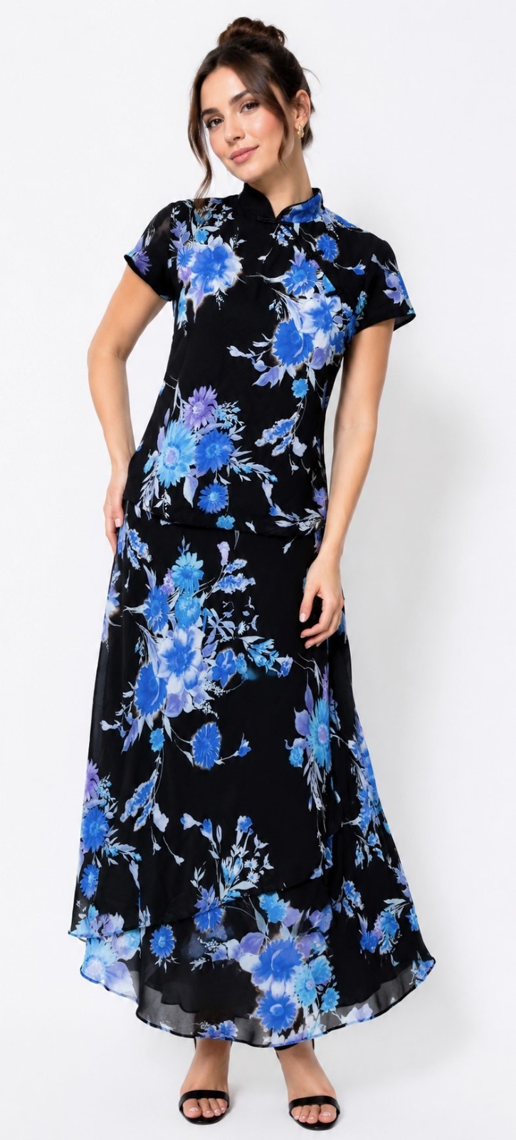 Studio I Y2K 2 Pc Floral Maxi Skirt Set 14 Asian Mandarin Top Blue Chiffon